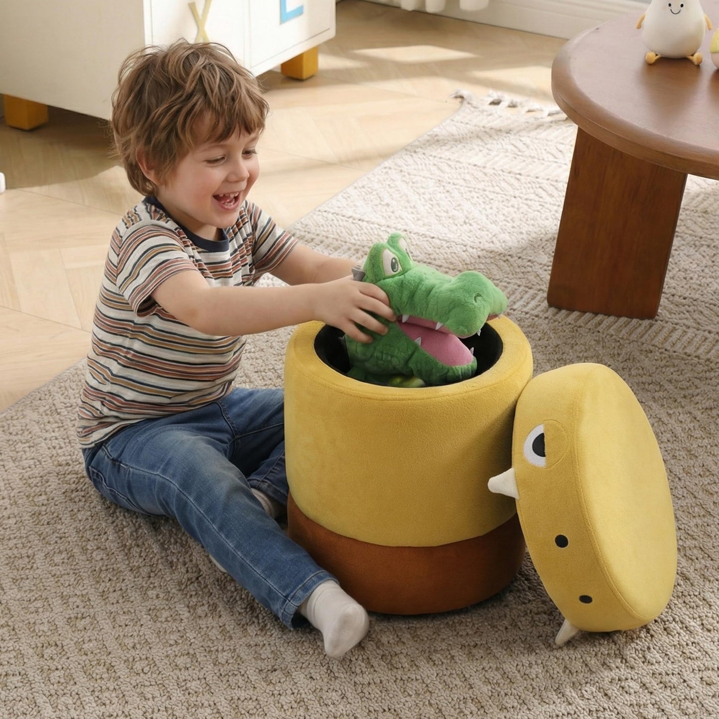 DAYARUS Dinosaur Toddler Chair Comfy Chenille Kids Reading Chairs, Toddler Dinosaur Ottoman, No Assembly Children Stool, Cute Kids Storage Ottoman, Wood Kid Desk Chairs for Playroom/Nursery, Yellow