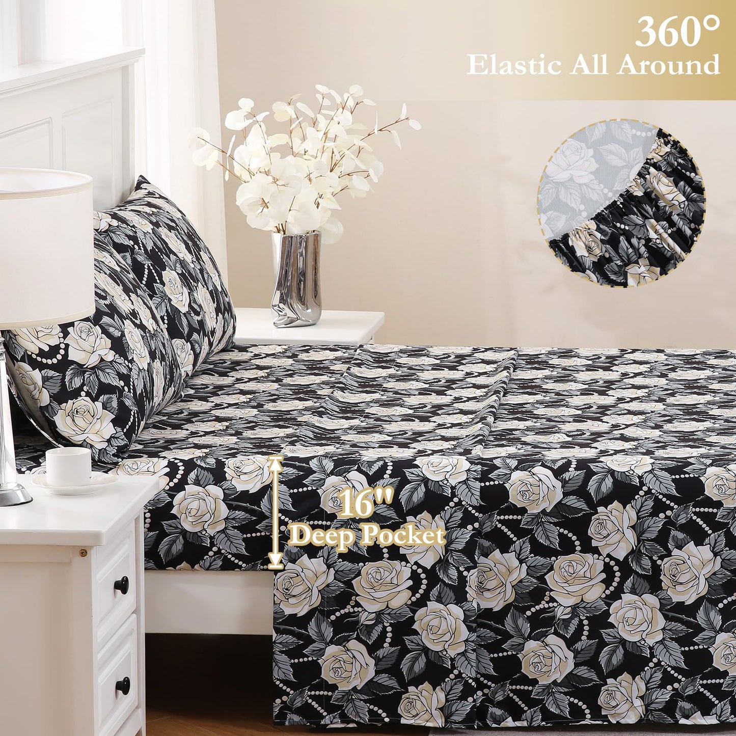 MICORAL Black White Rose Boho Floral Queen Sheet Set, 4-Piece Printed Botanical Bed Sheets, 16" Deep Pocket, Ultra Soft & Cooling Sheet, Oeko-TEX Certified, Black White Rose