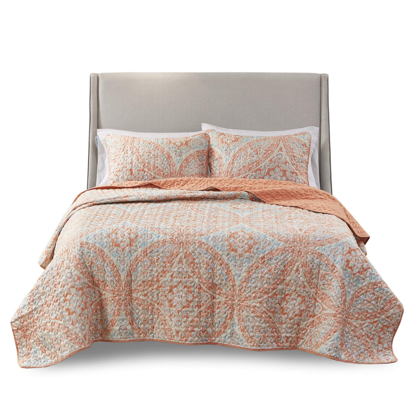 Comfort Spaces Reversible Quilt Set-Vermicelli Stitching Design All Season, Lightweight, Coverlet Bedspread Bedding, Matching Shams, Full/Queen (90 in x 90 in), Gloria Damask Coral 3 Piece