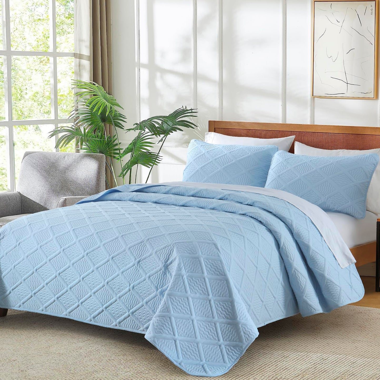 Yiran Ash Blue Quilt Set King Size, 3 Piece Reversible Bedspreads Bedding Set, Fall Diamond Pattern Coverlet for All Season with 2 Pillow Shams (King, 106x96 Inch)