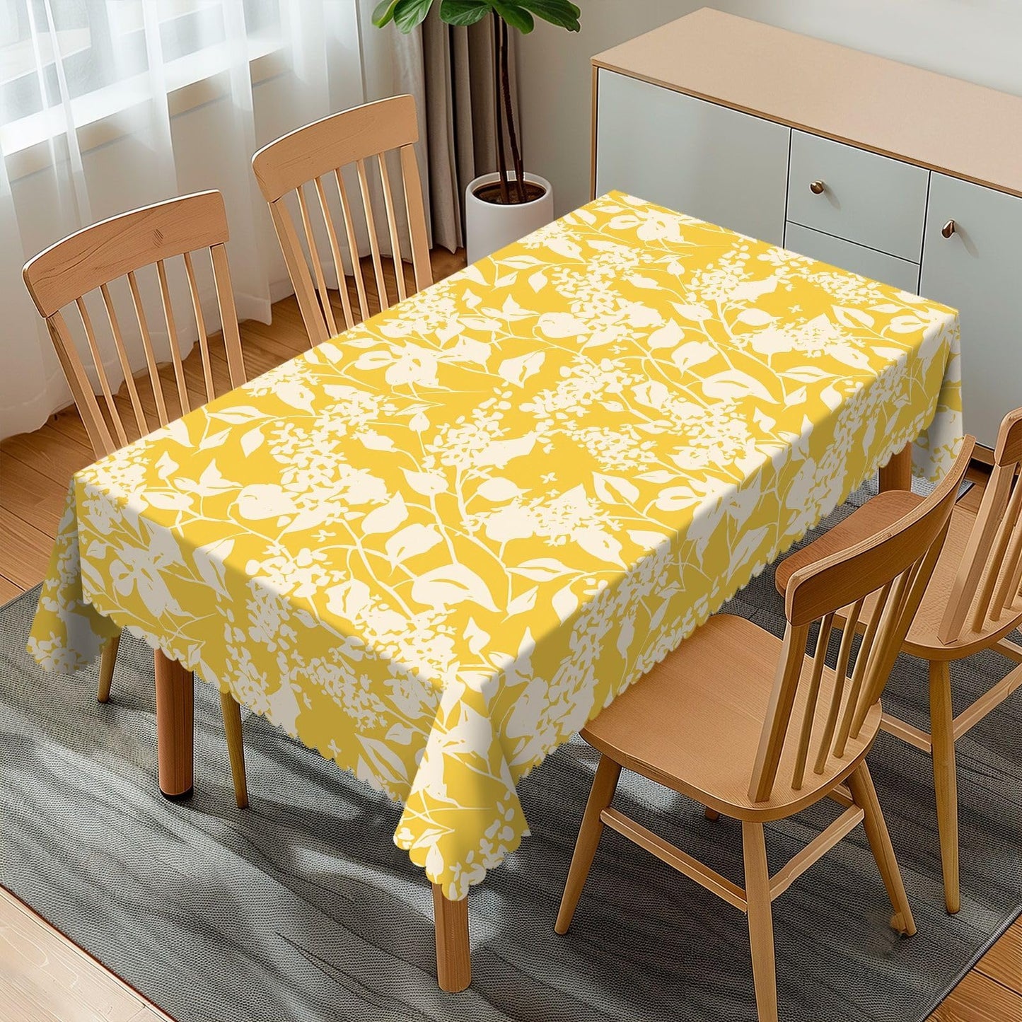 GOUROISE Bright Flowers Blooming Rectangular Tablecloth, Yellow Floral 54x72 Inch Wavy Lace Border Polyester Table Cloth for Dining, Kitchen, Parties