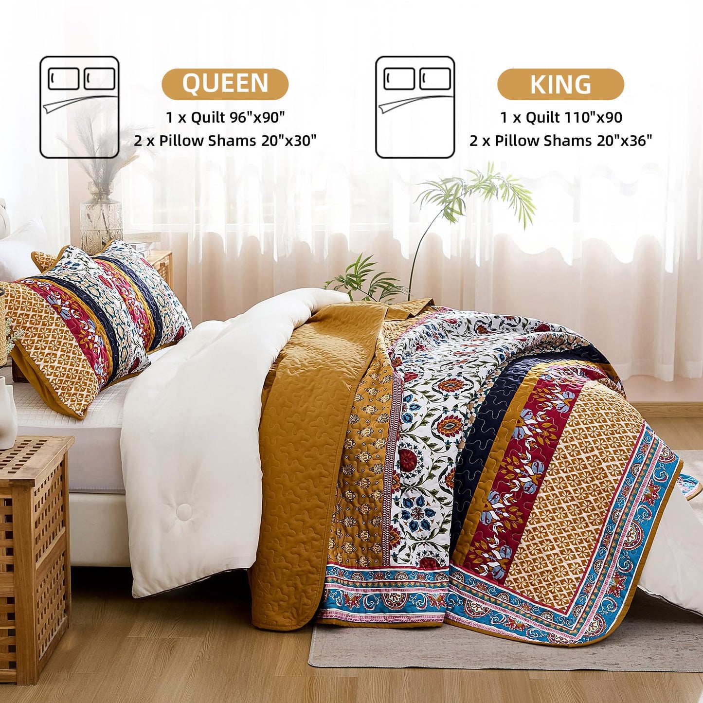 Yiran Boho Quilt Set King Size, Fall Tango Orange Patchwork Bedspreads Bedding Set, Lightweight Bohemia Farmhouse Coverlet Set 110x90 Inch