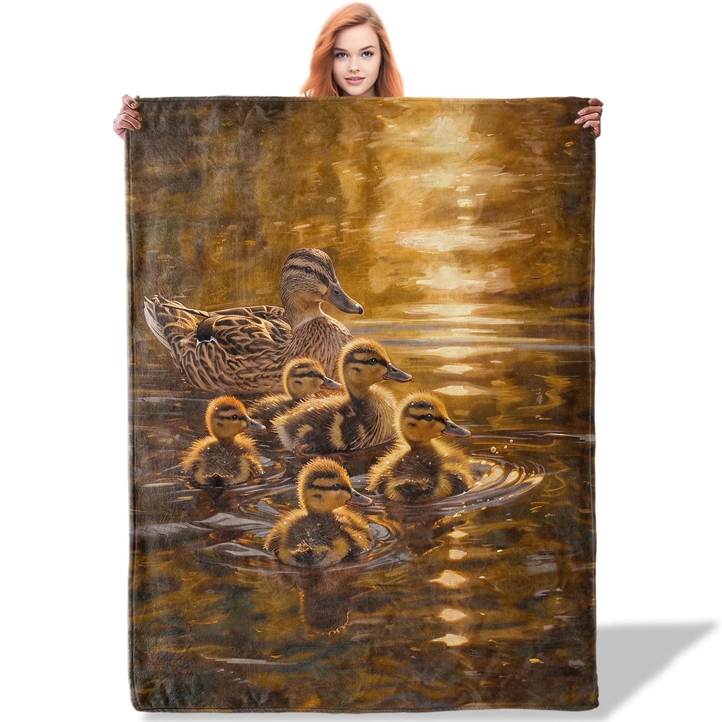 Plistiz Duck Family Flannel Throw Blanket for Nature and Bird Lovers, Lightweight Warm Soft Cozy Wildlife Lake Scene Art Print Blankets, Sofa Couch Bed Living Room Home Office Decor Gifts, 50"x60"