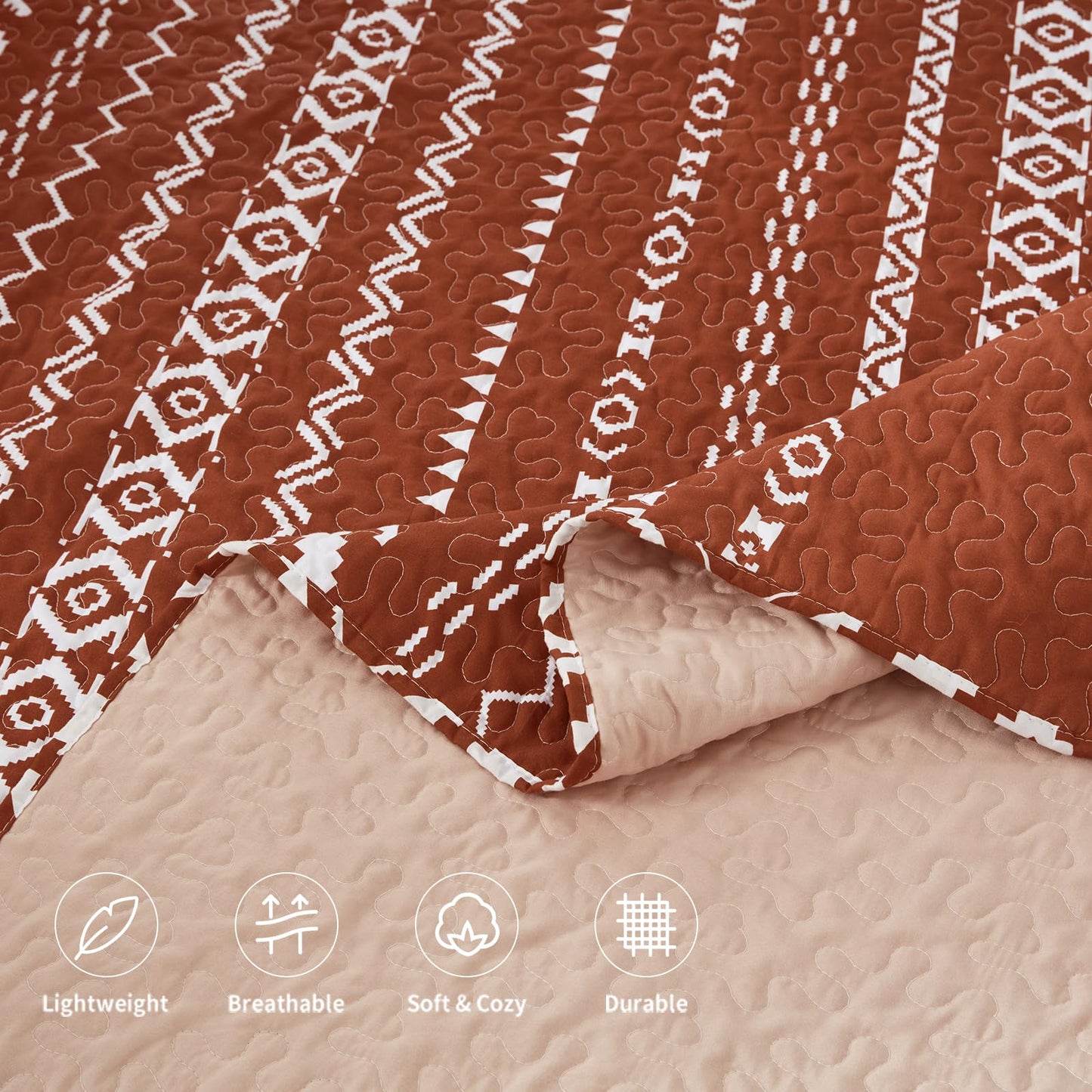 LEAONME 3 Pieces King Size Burnt Orange Rust Quilt Set with Checkered Pattern Lightweight Oversized Bedspread 98''x106'' Soft Coverlet Warm Bed Cover for All Seasons (1 Quilt, 2 Pillow Shams)