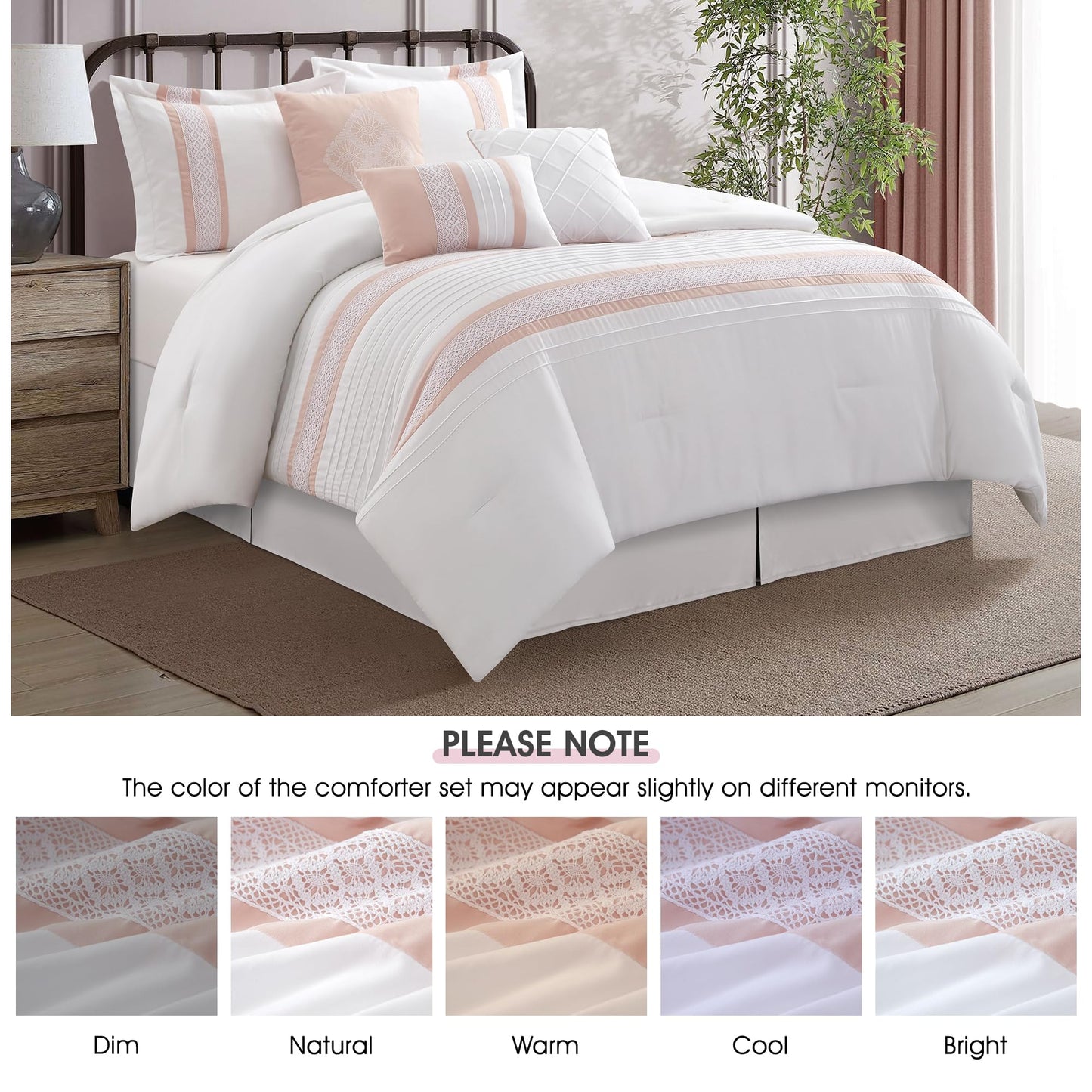 LANCO MODERN LIFESTYLE 7 Piece Comforter Set, Pink White, Queen Size, Boho Style Geometric Microfiber Embroidery, Bed in a Bag with Bedskirt, Pillow Shams and Decor Pillows