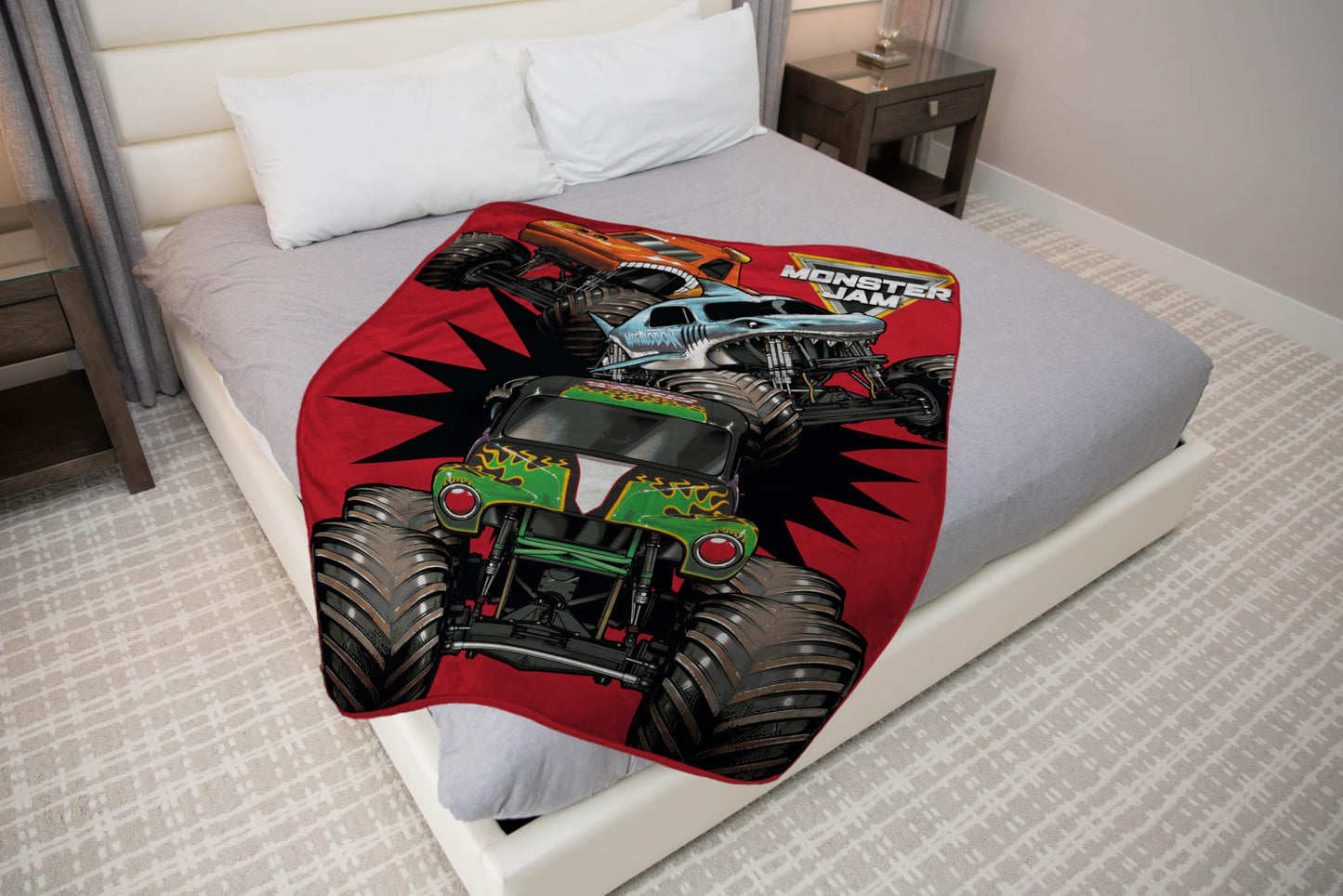 Jay Franco Kids Plush Throw Blanket – Soft & Cozy Fleece Throw for Bedroom & Couch Décor, Official Licensed Product, Red - Monster Jam, 46x60 - Throw Blanket