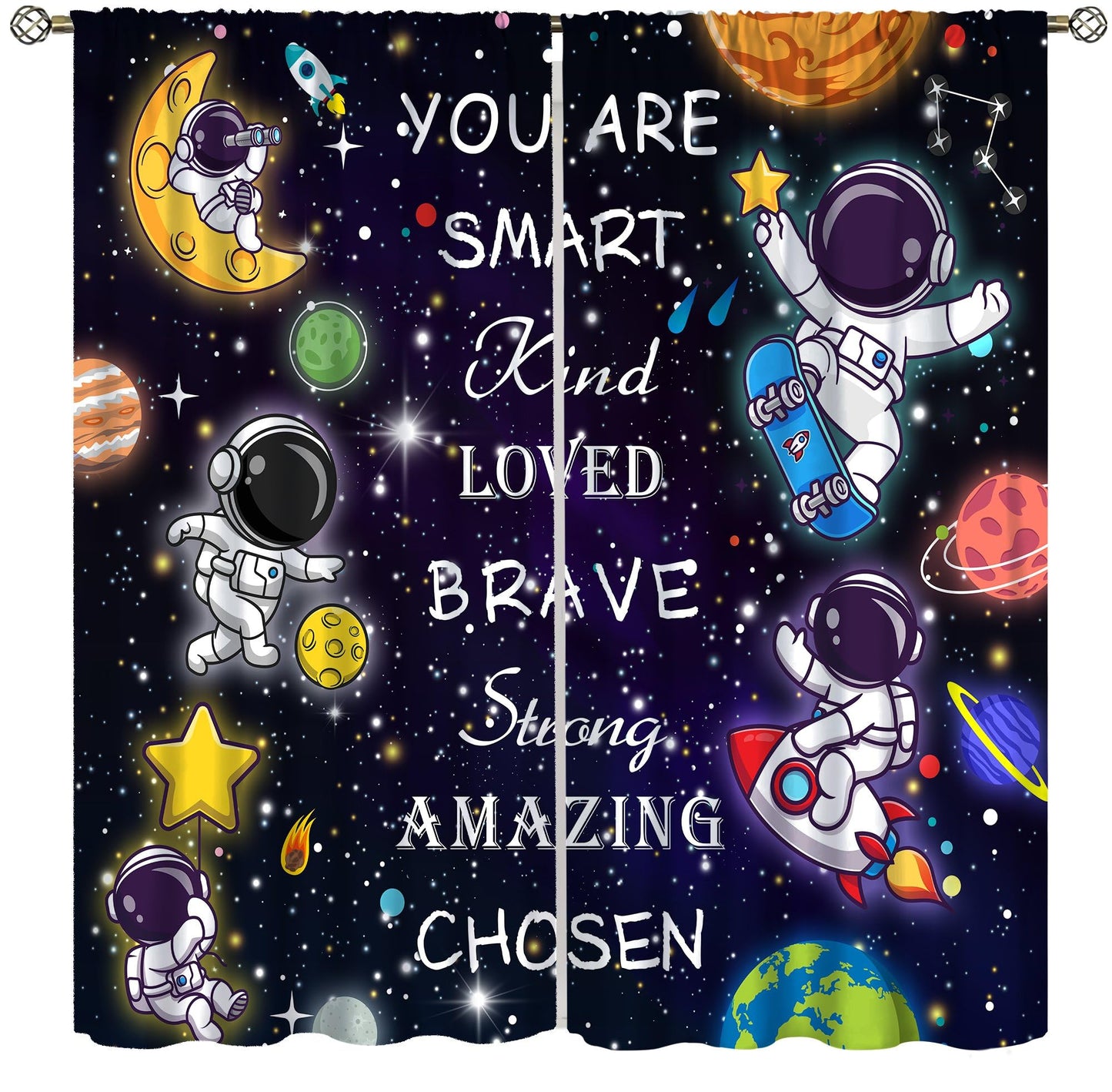 AAVEUP Space Astronaut Blackout Curtains for Kids,Cartoon Universe Galaxy Space Planet Astronaut Inspirational Quotes Learning Window Treatments for Boys Nursery Bedroom Living Room 63x72in