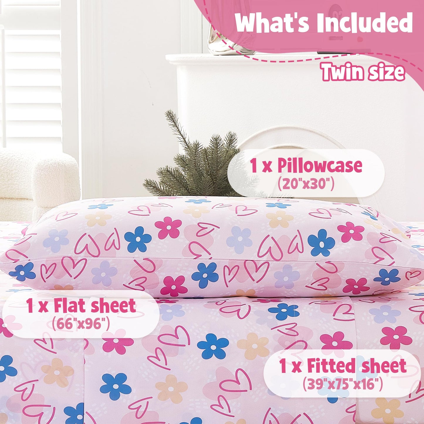 CozySmile Twin Sheet Set Kids,3 Pieces Breathable Soft Microfiber Bedsheets for Child Girls, Oeko-TEX, Anti Pilling Deep Pockets Easy Care Bed Sheets, Heart