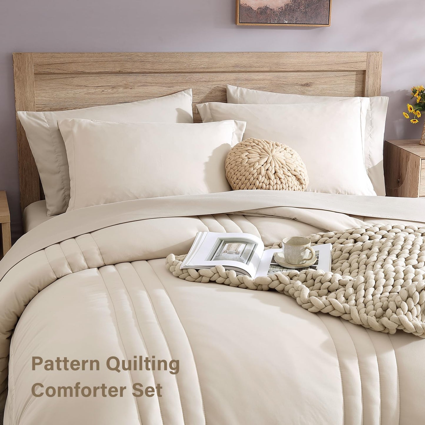 Monbix Queen Comforter Set - 7 Pieces Beige Bed in a Bag Queen Bedding Sets with Comforters, All Seasons Comforter Bed Set with Sheets, Pillowcases & Shams