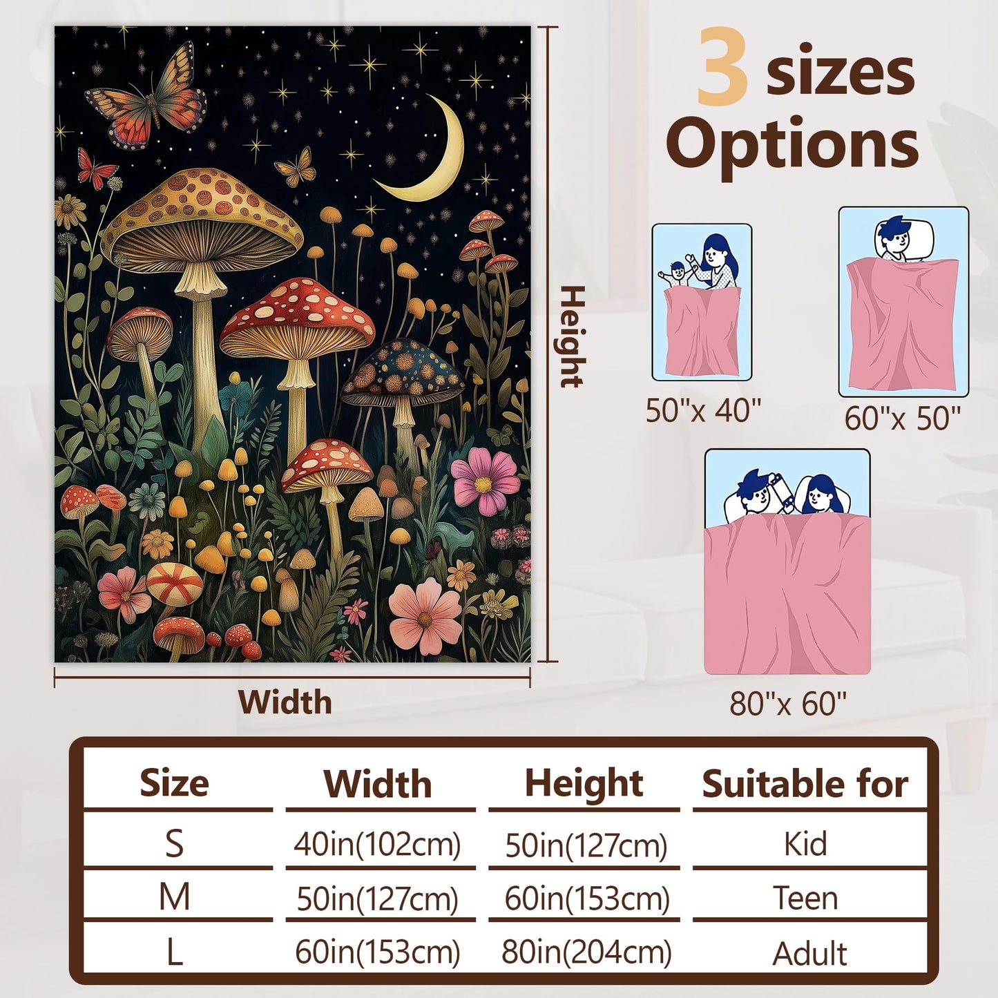 Forest Mushroom Sofa Throw Blankets,Wildflower Butterfly Soft Cozy Fuzzy Lightweight Travel Blanket,Flannel Fleece Fall Throw Blanket for Couch,Bed,Camping,Movie Nights,Watching TV 50 X 60 Inch