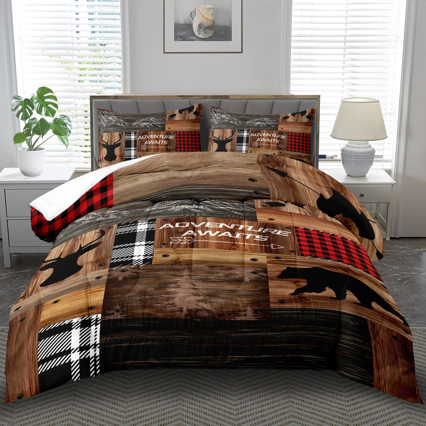 llyxsesty Hunting Comforter Set King for Boys Bear and Deer Bedding Set Boys Hunter Camo Comforter King Quilt Hunter Bedroom Decor Animal Bedding Wild Animal Bed Decor