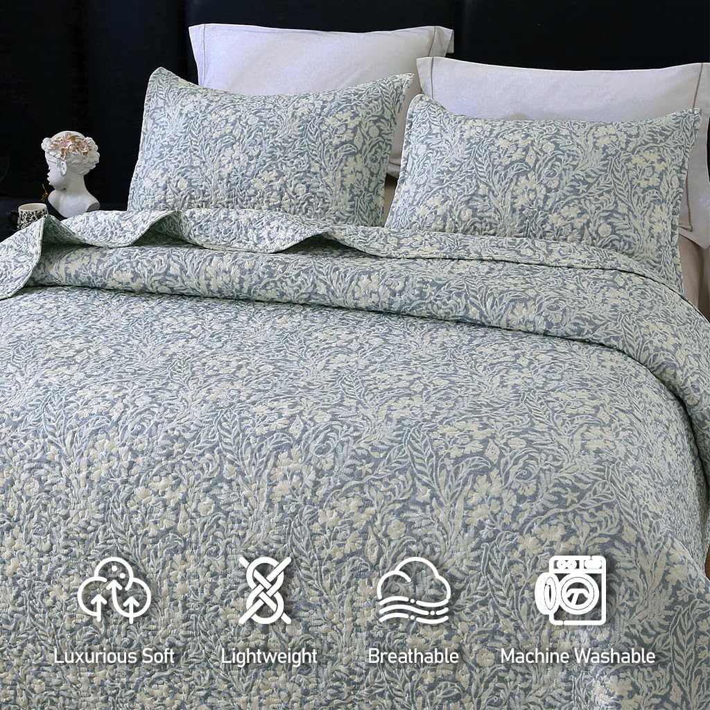 DURLENGEN Botanical Quilt Set King Size 3Pcs, Bluish Grey Printed with Beige Leaves Pattern,Soft Polyester Lightweight Bedspread for All Season Layering(King 106x96,Beige Botanical)