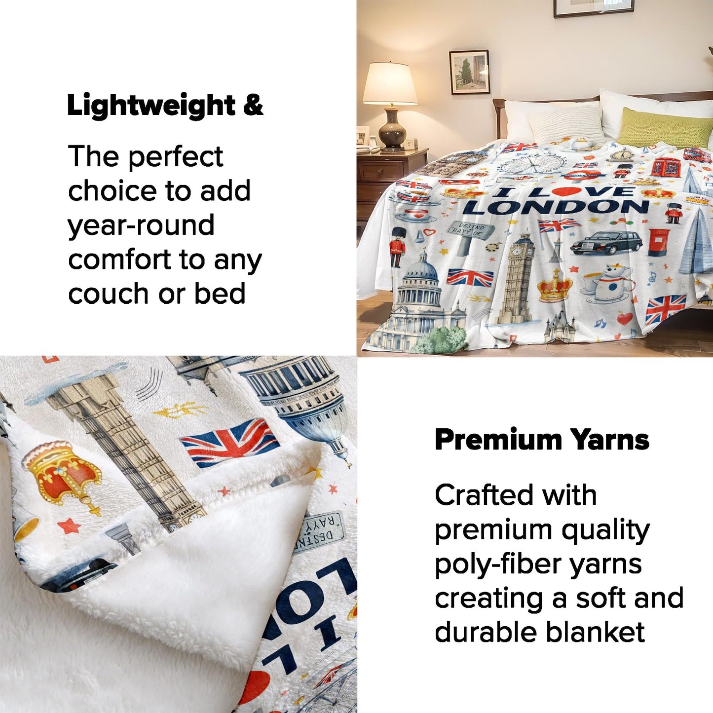 Turamurra London Travel Icons Throw Blanket Gifts for Kids Women, I Love London Landmark City Blankets for Home, Living Room, Bedroom Decor, Flannel Plush 50"x60"