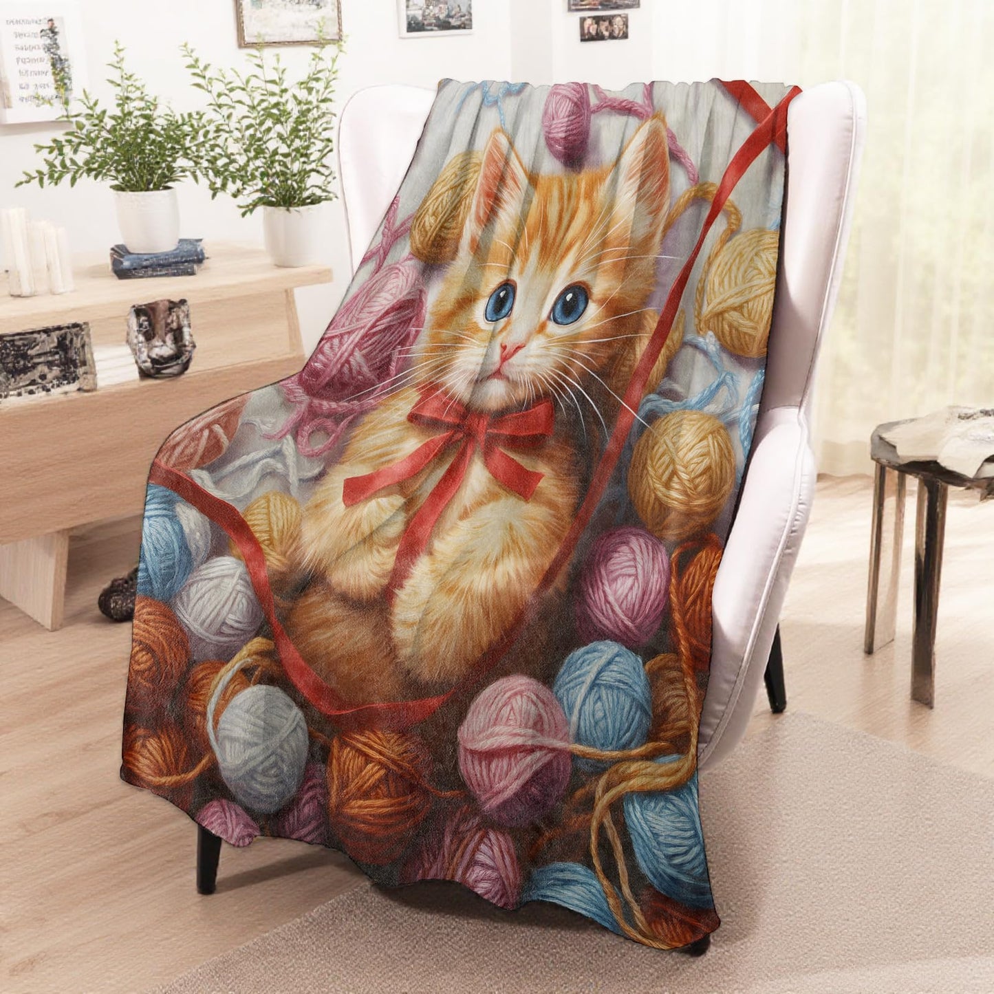 wyxdwh Cute Cat with Yarn Ball Blanket, Cozy Flannel Sweet Orange Tabby Throw Blanket for Couch Outdoor, Plush Soft Lightweight Travel Blankets for Bed Decor and Gifts, for Women Kitten Lovers 50"x60"