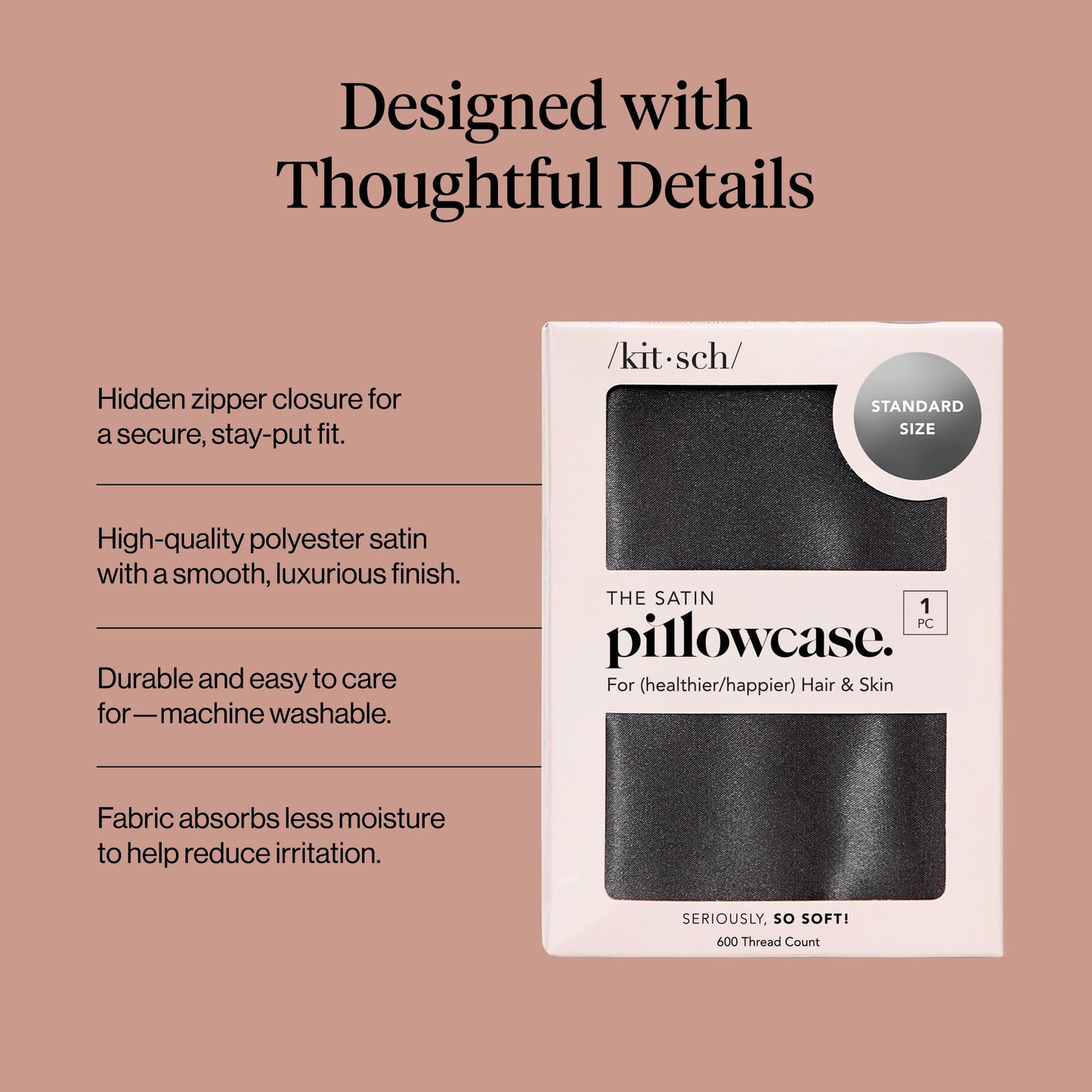 Kitsch Satin Pillowcase with Zipper for Hair & Skin - Softer Than Silk Pillow Cases, Smooth Cooling Satin Pillow Case, Wrinkle-Free, Machine Washable, Pillow Cases Standard Size 19x26 - Charcoal