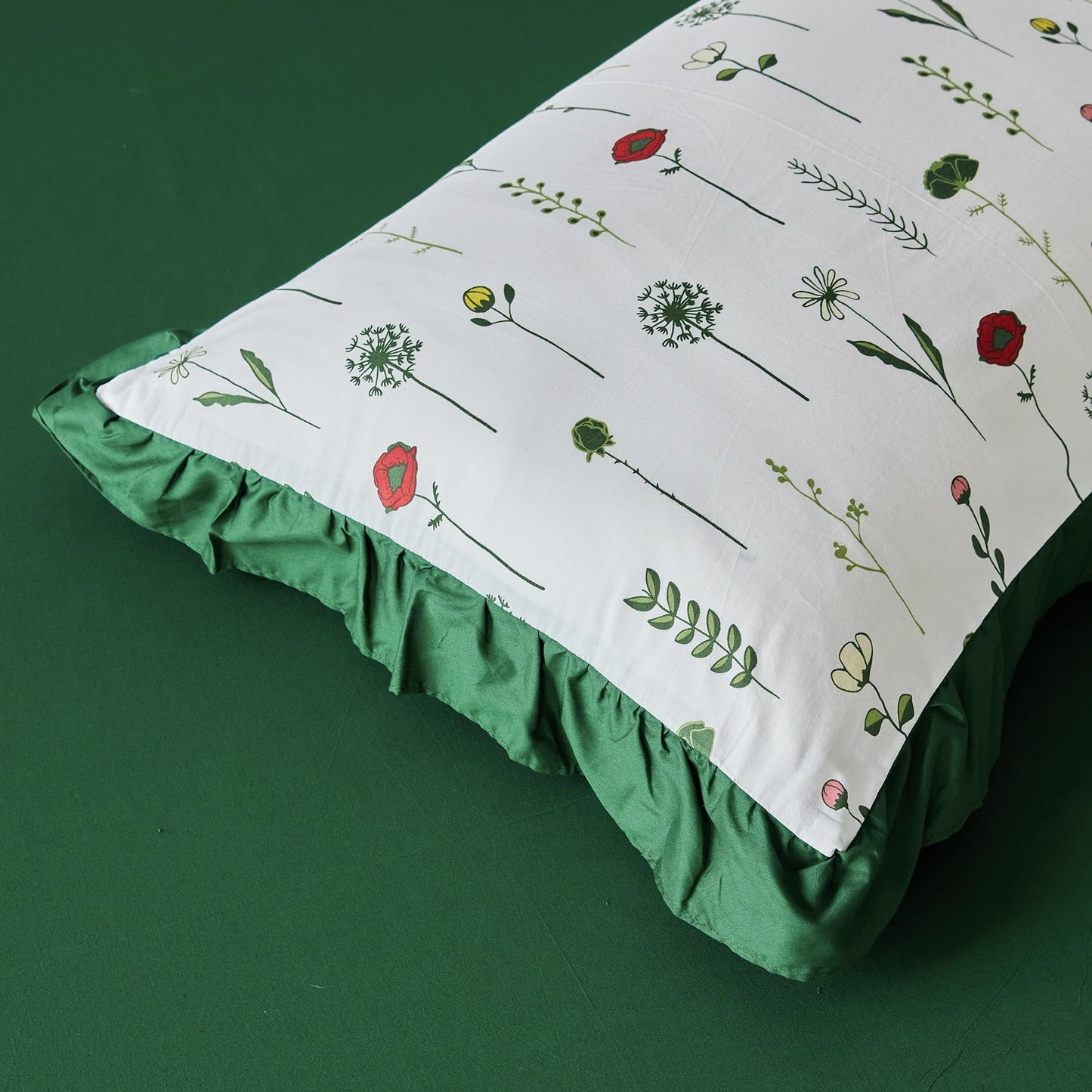 SUSYBAO Emerald Green Ruffle Duvet Cover Queen 100% Cotton 3 Pieces Set 1 White Red Floral Duvet Cover with Zipper Ties 2 Pillow Shams Garden Green Dandelion Botanical Bedding Set Soft