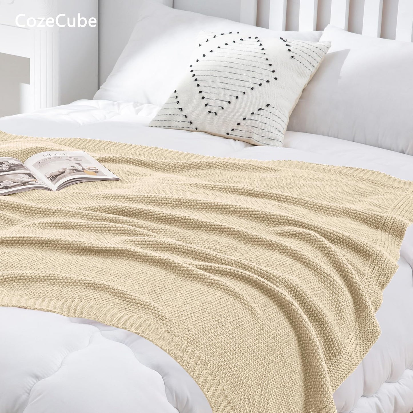 CozeCube Beige Throw Blanket for Couch, Soft Cozy Cable Knit Throw for Bed Sofa Living Room, Lightweight Warm Decorative Farmhouse Christmas Blanket, 50"x60", Light Beige