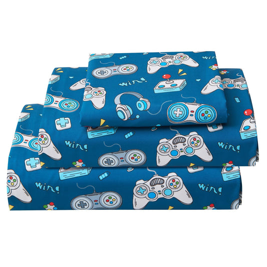 Softan Kids Bed Sheet Set, 3-Piece Twin Sheets Set, Microfiber Fitted Sheet with 15 Inches Deep Pocket and Corner Straps, Breathable & Silky Soft Game Controller Printed Sheet and Pillowcase Sets