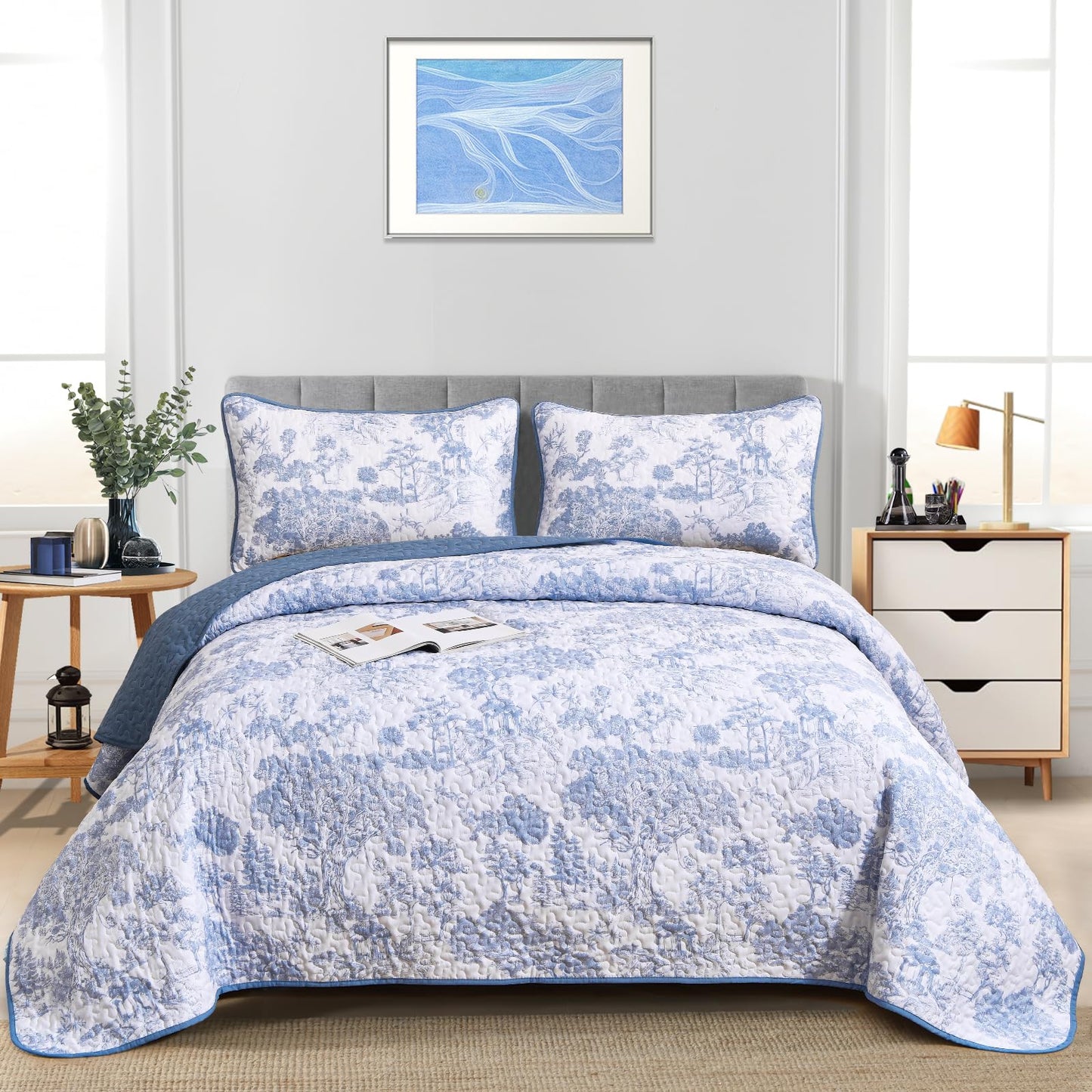 WONGS BEDDING Blue Quilt Set Queen Size, 3 Pieces Botanical Bedspreads Set Lightweight Microfiber Blue Toile Plants Pattern Coverlet Home Decor for All Seasons(96"×90")