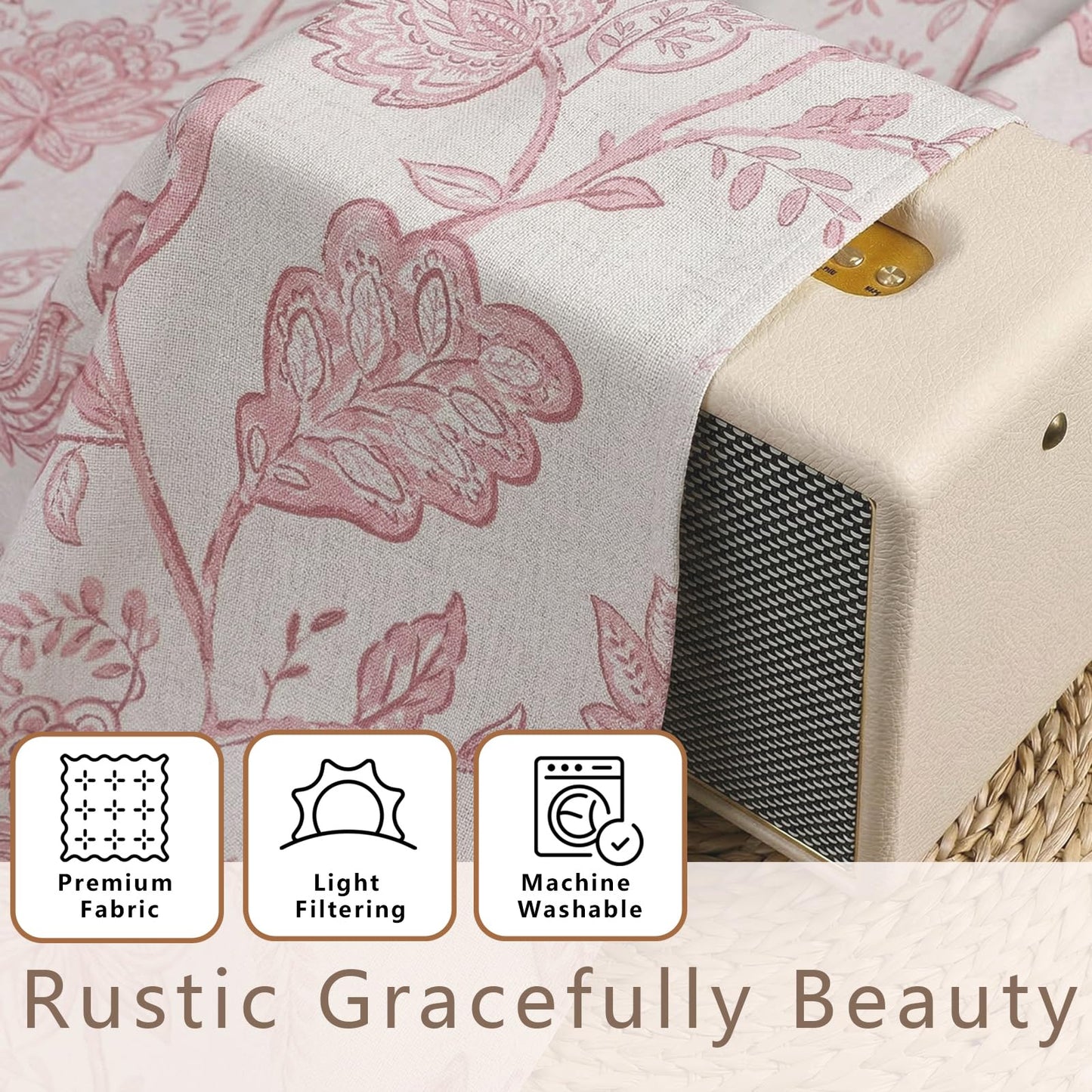 Ebesto Floral Curtains 63 Inch Length - Light Filtering Faux Linen Flower Printed Window Curtains for Bedroom, Rod Pocket No-See Through Privacy Drapes, 2 Panels, Each 40Wx63L Inches, Blush Pink