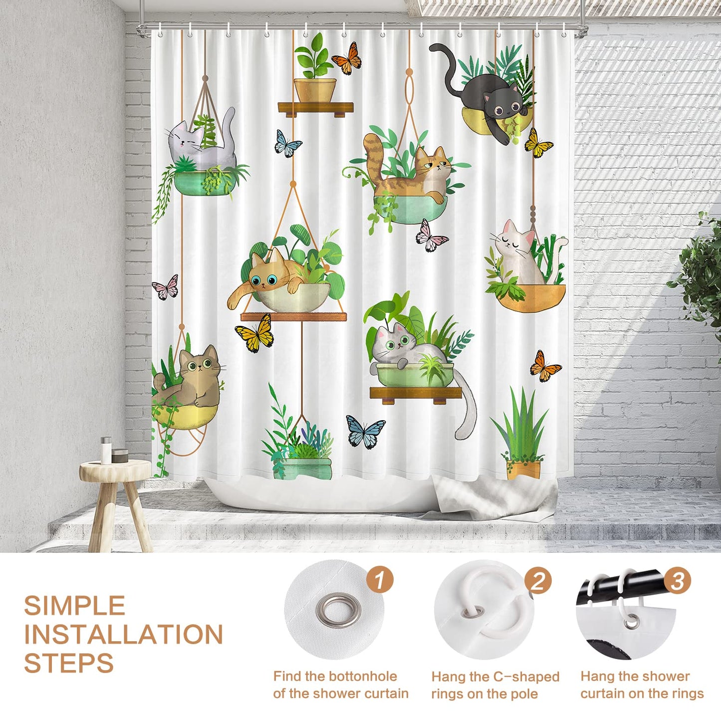 CutebriCase Hanging Potted Plants Cat Shower Curtain, Bracketplant KittyShower Curtain for Bathroom with 12 Hooks Polyester Fabric Waterproof Shower Curtain Sets Machine Washable Kids Bath Curtain
