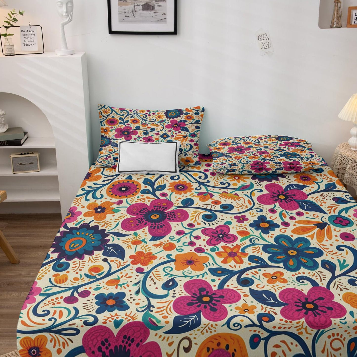 NOGAWA Colorful Floral Sheets Queen Size, Mexican Flower Botanical Bed Sheets, Bedding Sheets & Pillowcases 4 Piece Set - Soft Microfiber Deep Pocket Fitted Sheet & Flat Sheet & 2 Pillow Cases