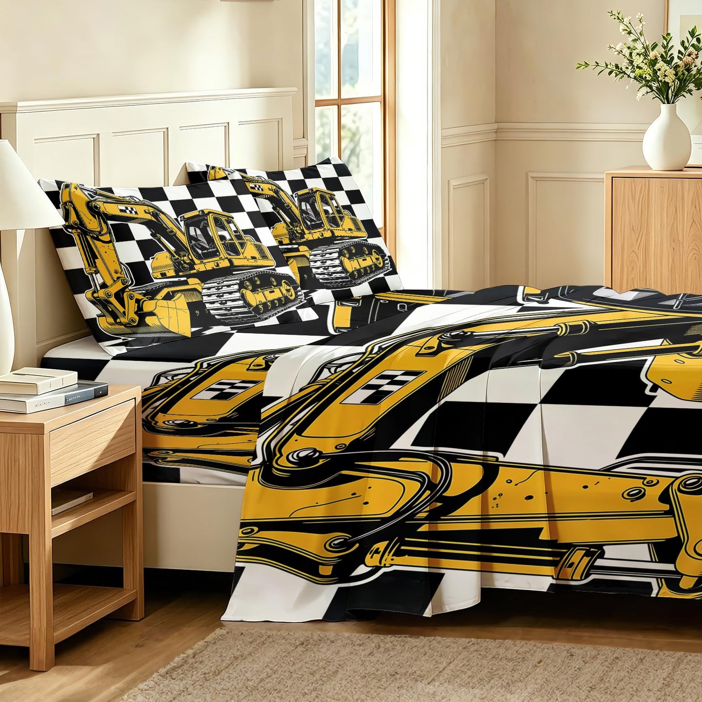 Excavator Bedding Set 4 Pcs Construction Vehicle Queen Sheets, White Orange