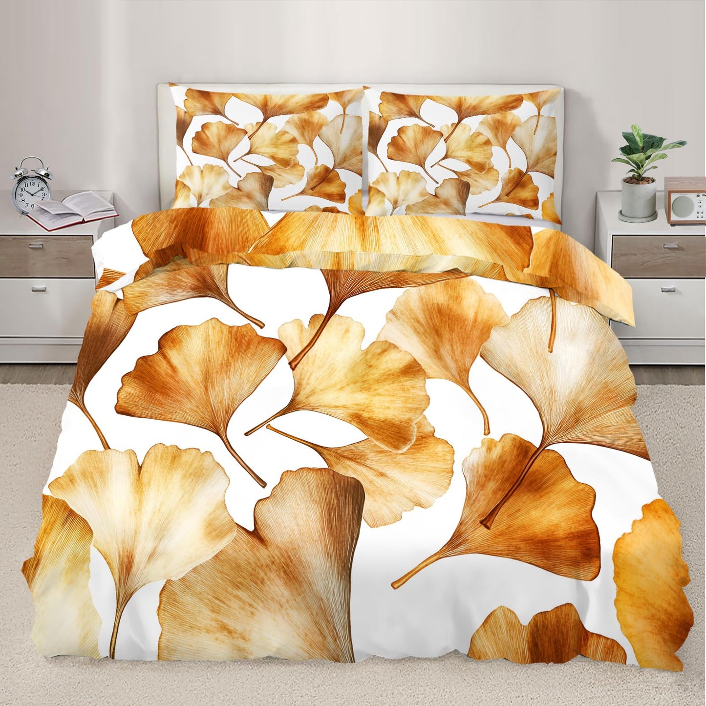 PAISUOQ Leaf Duvet Cover Full Size, Ginkgo Biloba Bedding, 3 Piece, Soft Microfiber Patterned Comforter Cover with Zipper Ties & 2 Pillowcase, Autumn Leaves Bedroom Decor & Gifts