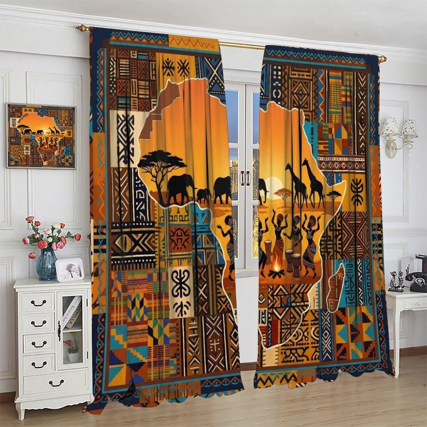 PHTAYOT African Curtains Abstract Aztec Tribal Map of Africa Boho Kuba Ethnic Style Pattern Blackout Window Treatments for Bedroom Living Room Rod Pocket Drapes 2 Panel Set,52x84Inch