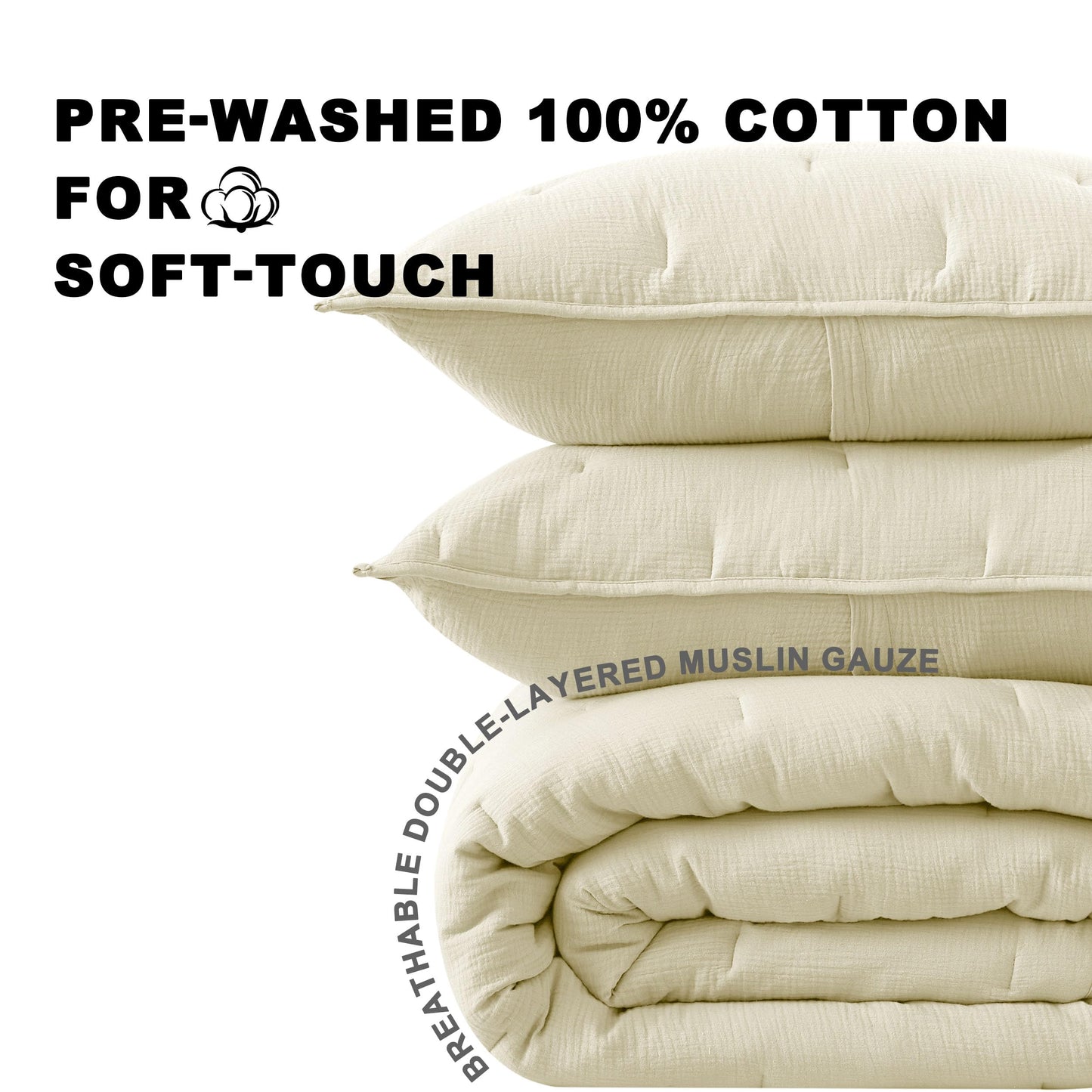 COZYXWORLD Pre-Washed 100% Cotton Muslin Gauze Comforter Set, 3 Piece Full/Queen Quilt Set, Duvet Insert with Corner Loops, 1" Line Quilted, Ivory