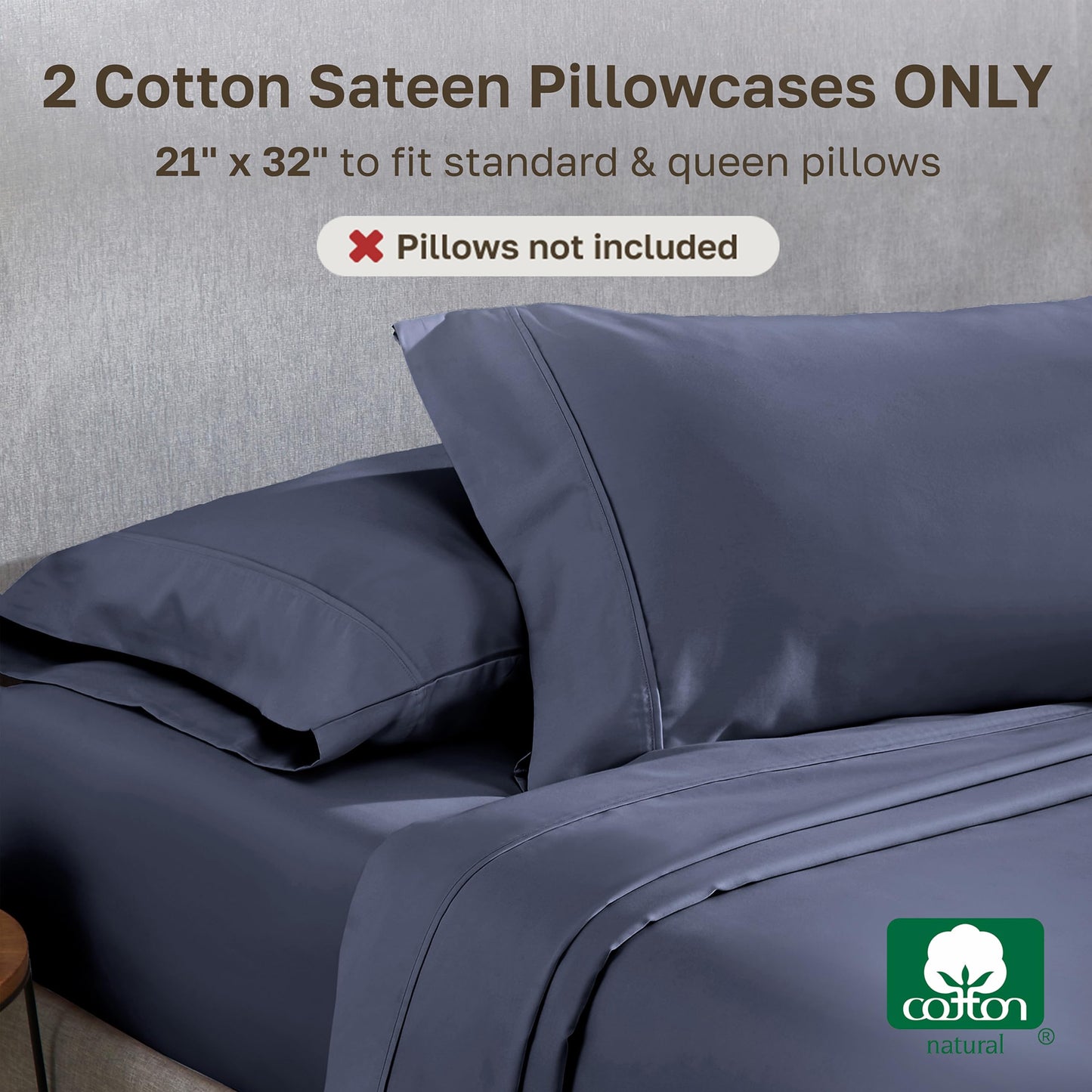 California Design Den Standard Queen Size Pillowcase Set - 400 Thread Count, 100% Cotton Sateen, Set of 2 Pillow Covers, Soft and Breathable - Indigo Dusty Blue
