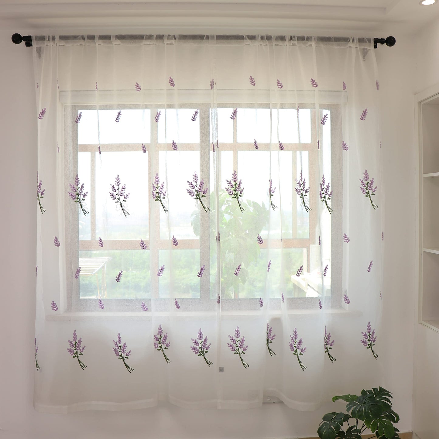 SLOW SOUL Set of 2 Panels Lavender Purple Flower Sheer Curtains Faux Linen Semi Sheer Window Curtains Drapes for Bedroom Living Room Rod Pocket 56W X 72L inch