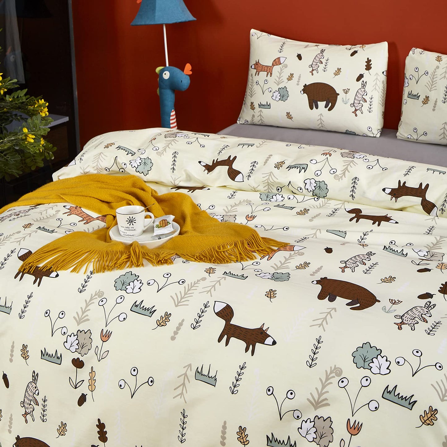 CLOTHKNOW Yellow Queen Duvet Cover Sets Kids Cartoon Bedding Sets Animal Woodland Fox Rabbit Theme Bedding Queen with 2 x Pillow Cases
