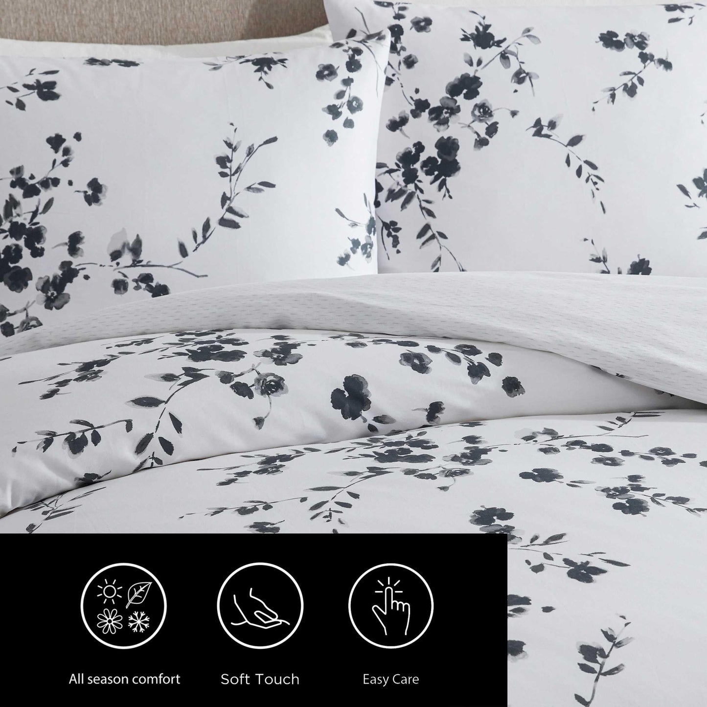 Vera Wang - Queen Size Duvet Cover Set, 100% Soft & Smooth Cotton Sateen Floral Bedding, 3-Piece Reversible Bed Set with Matching Pillowcases (Noir Bouquet/Ikat Line Grey)