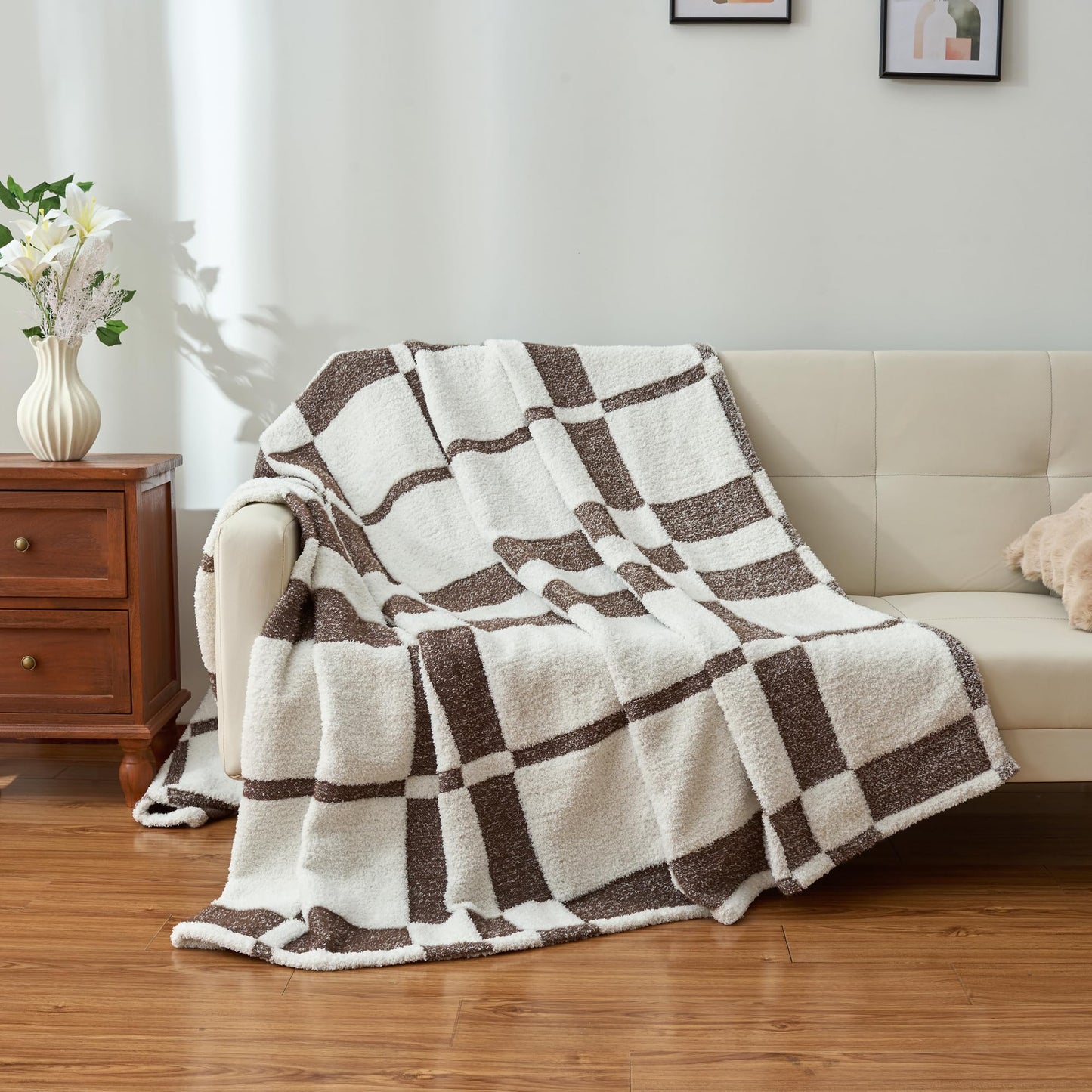 CloudDwelling Winter Plaid Throw Blanket Fluffy Fuzzy Soft Lightweight Cozy Farmhouse Tassels Checkered Knitted Throws for Couch Sofa Bed (Brown, 50"x60")