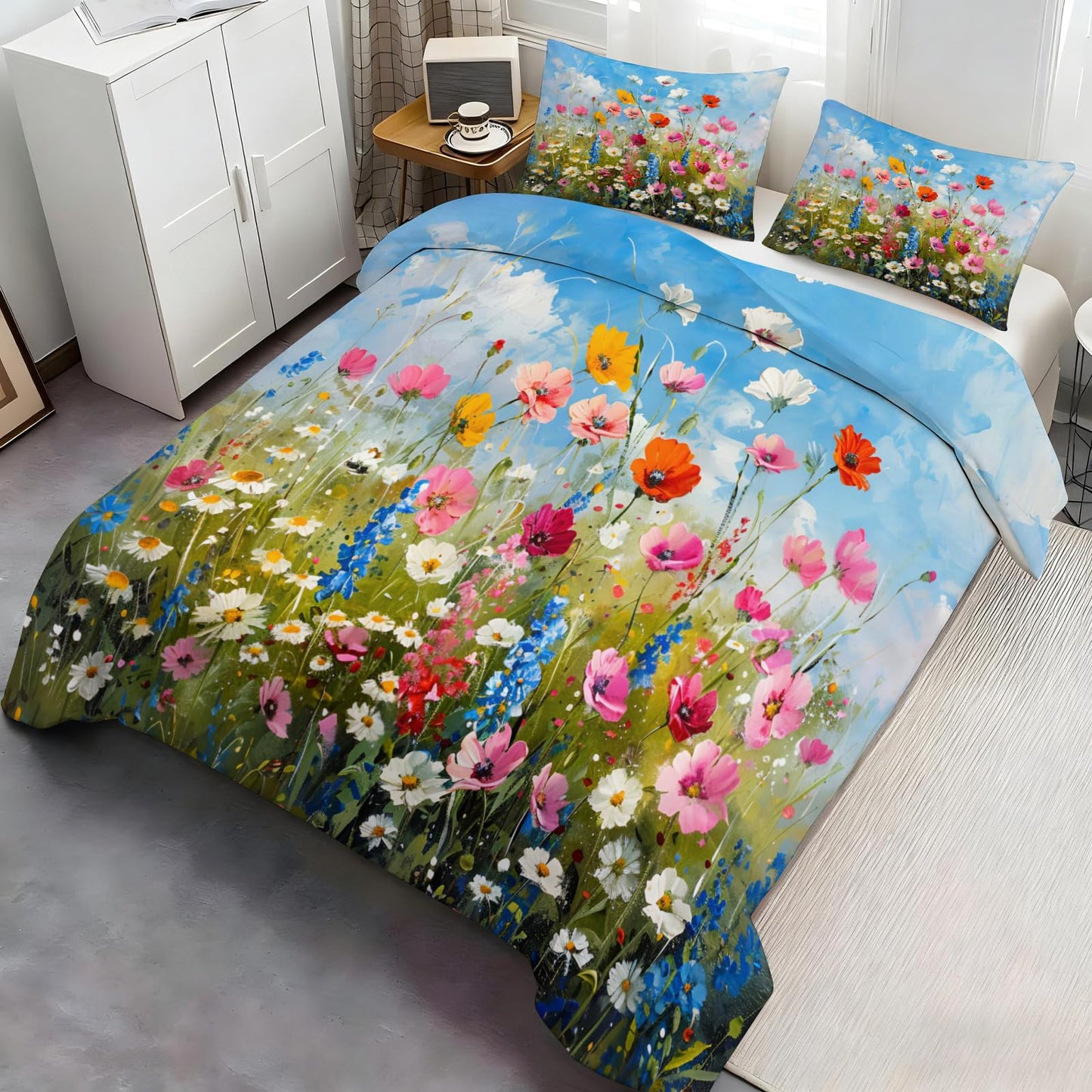 QINYUN Floral Comforter Set Oversized King, Blue Sky Flowers Bedding Set 3 Piece, Vibrant Wildflowers Duvet Cover with Zipper & Ties, 2 Pillowcases