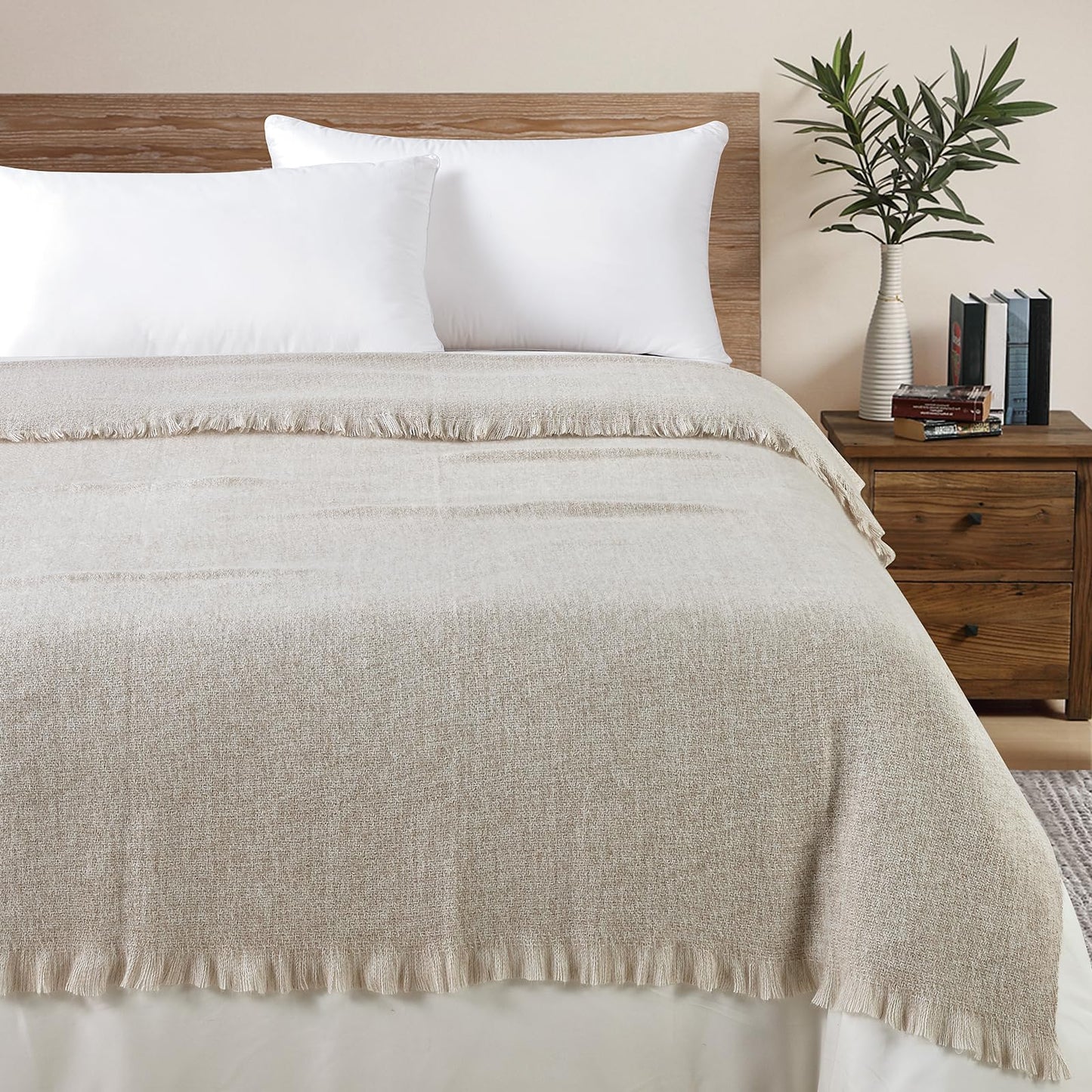 BOURINA Faux Cashmere Fringe Throw Blanket Decorative Lightweight Throw Soft Cozy for Bed or Sofa Outdoor Blanket, 50x70 Inches Beige