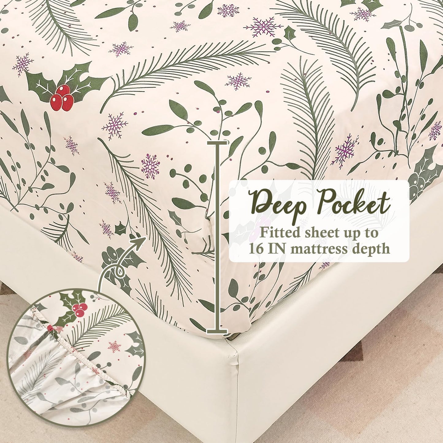 MICORAL Boho Floral Queen Sheet Set, 4-Piece Printed Botanical Bed Sheets, 16" Deep Pocket, Ultra Soft & Cooling Sheet, Oeko-TEX Certified, Beige Plants