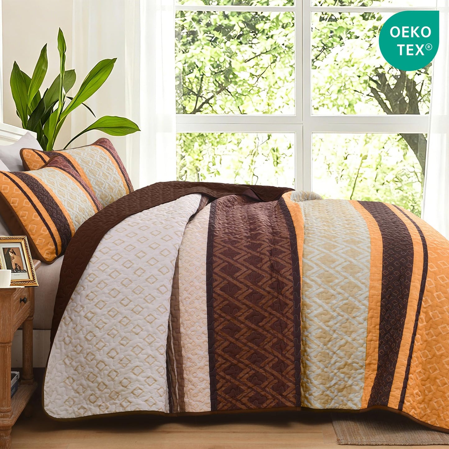 Dinjoy Boho Queen Quilt Set, Soft 3 Pieces Striped Bedspreads, Fall Orange Bedding Sets Micofiber Lightweight Quilts with 2 Pillow Shams Coverlet Bed Sets for Women Men 96''x90''