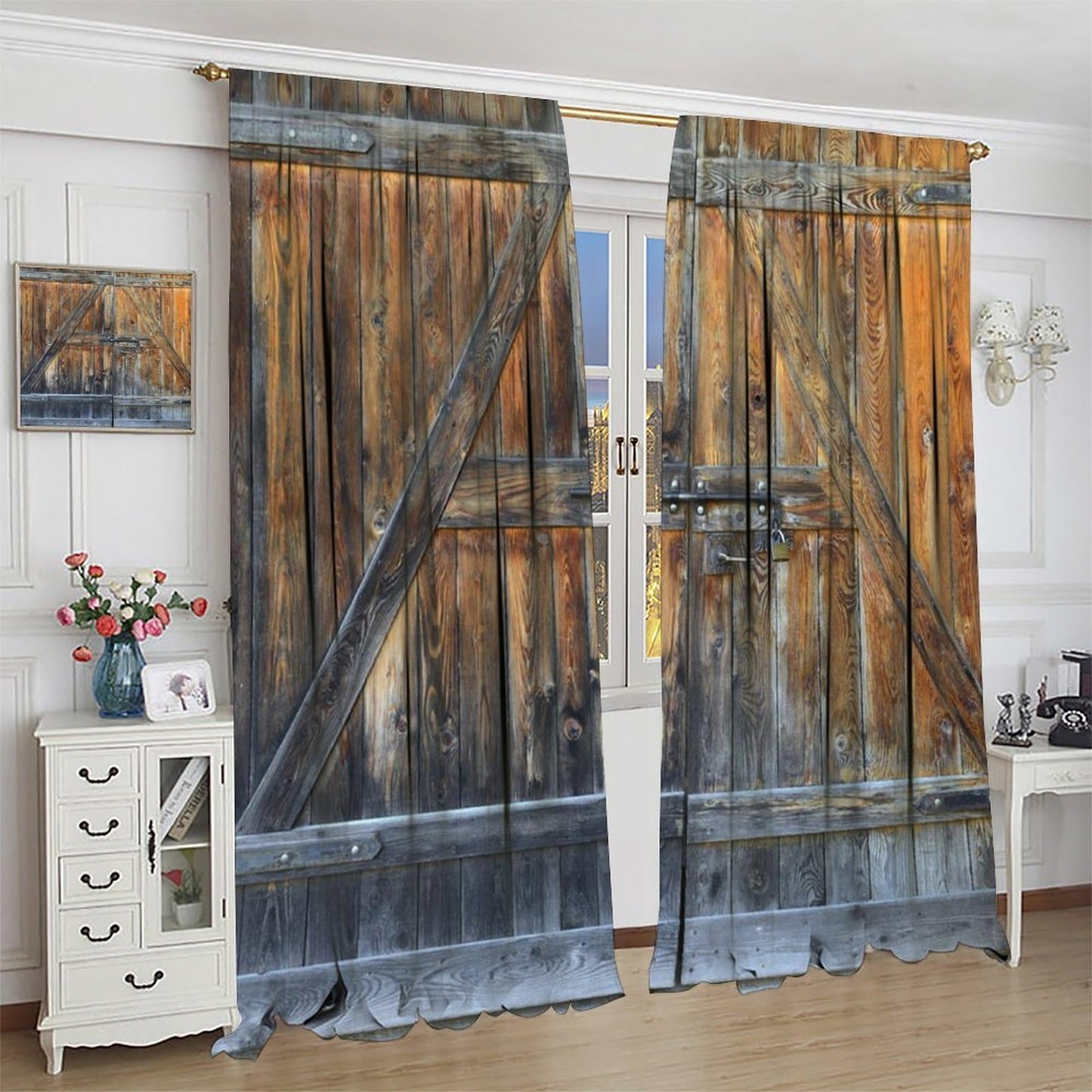 Wood Barn Door Decor Curtain, Retro Rustic Farmhouse Wooden Door Countryside Village Pattern Print Rod Pocket Window Drapes, for Living Room Bedroom Kitchen 42" W X 45" L