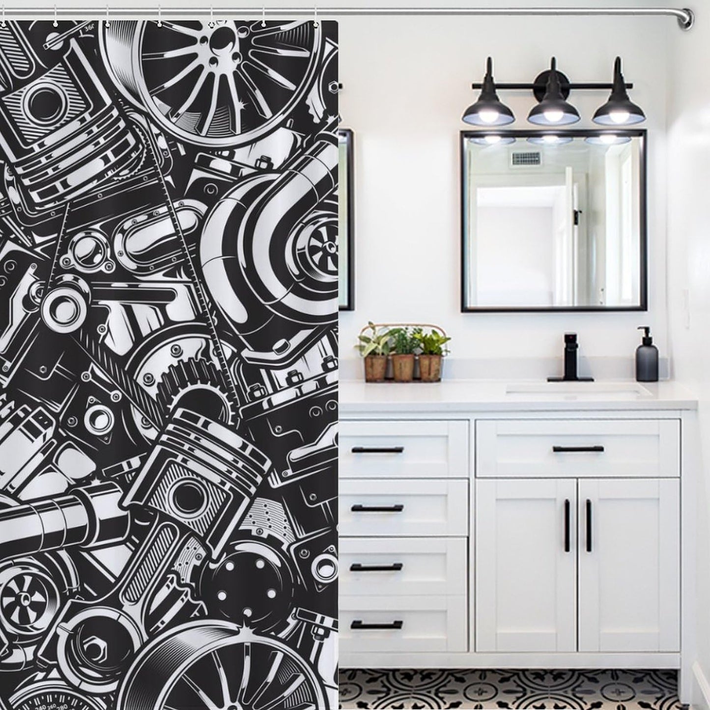 Lnepty Man Cave Shower Curtain,Retro Automobile Car Parts Engine Black White Vintage Boys Men Teen Bathroom Curtain Waterproof Fabric Machine Washable with Hooks,72x72Inch