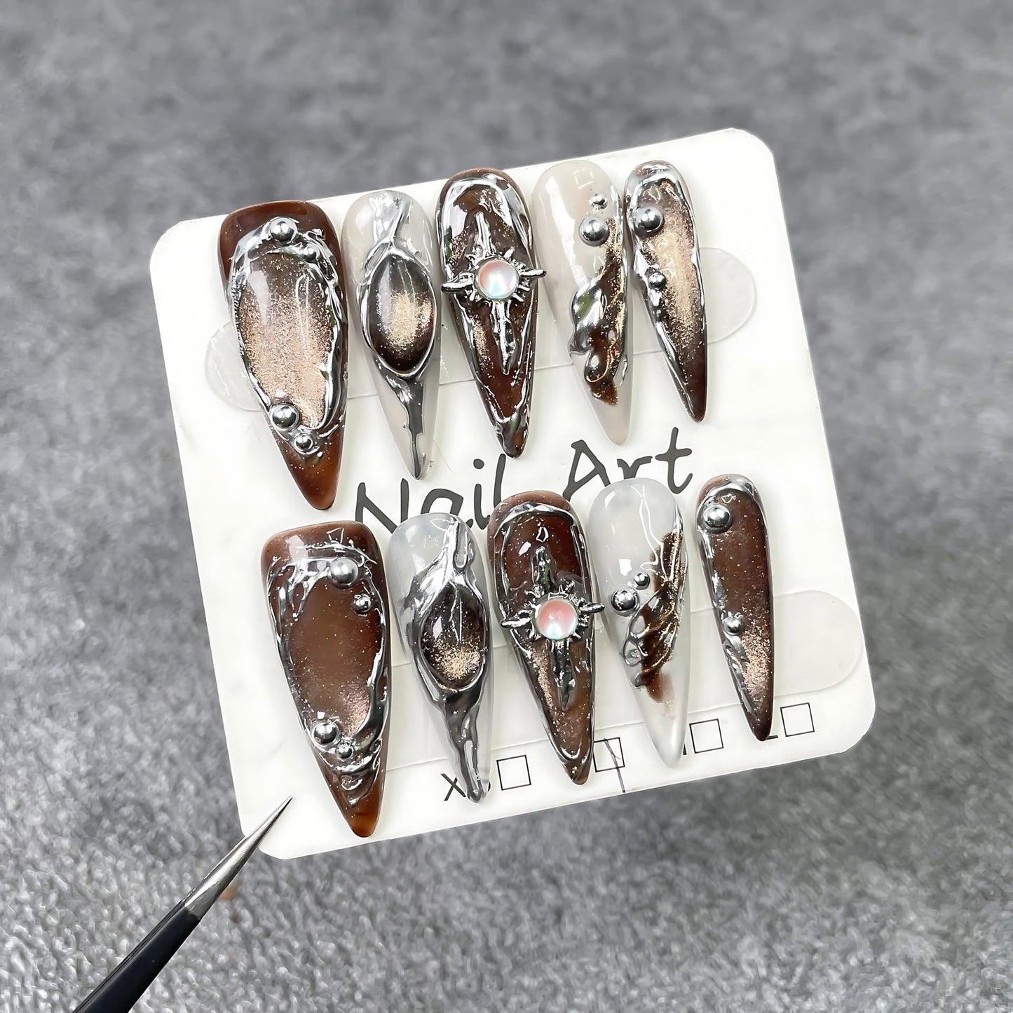 Handmade Press On Nails Long Almond Homemade Press On Nails French Tip With 3D Design Fake Nail Art For Women M