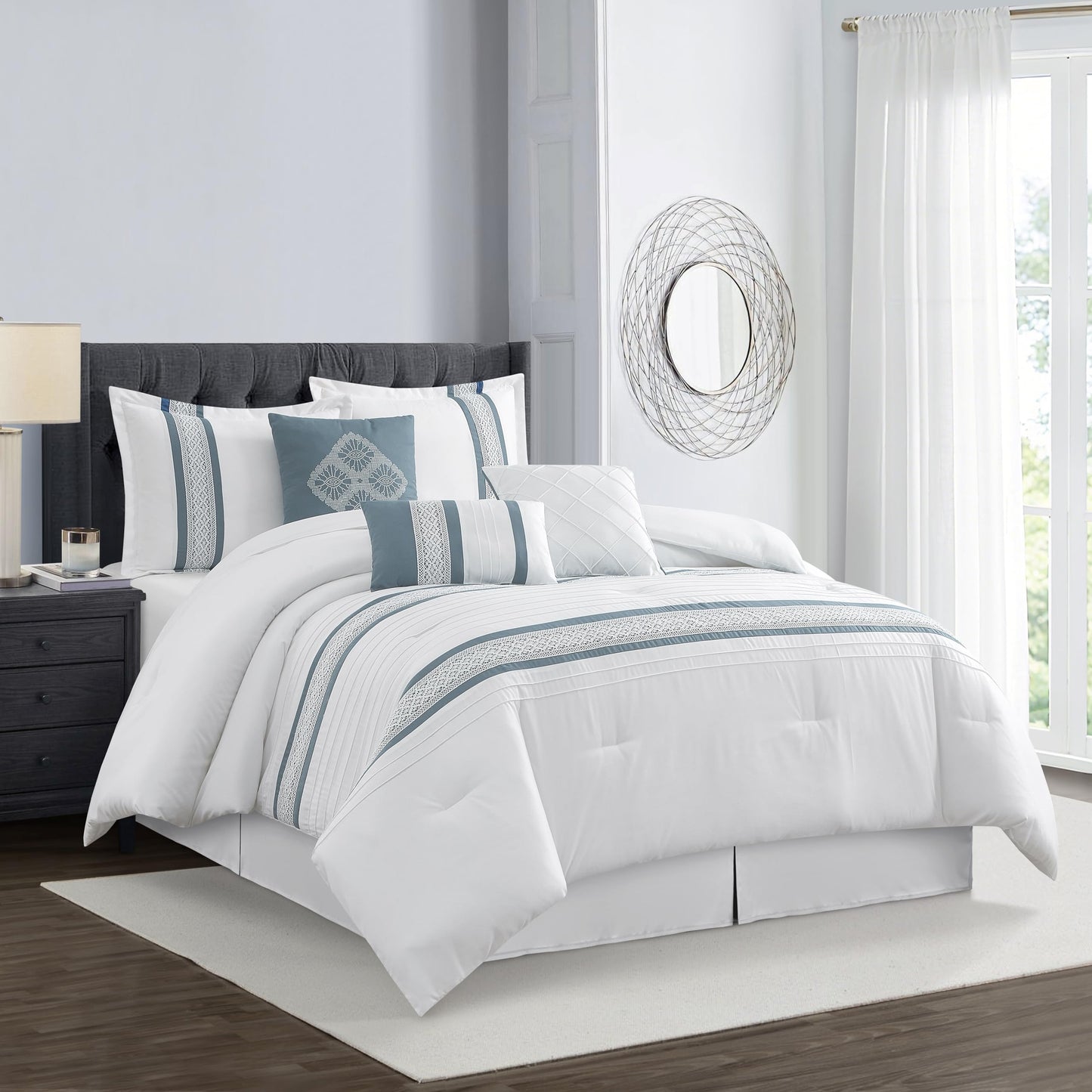 Stratford Park 7 Piece Striped Blue Comforter Set, Queen Size Microfiber Bedding, All Season Polyester Bedding Set, Matching Bed Skirt, Pillows & Shams