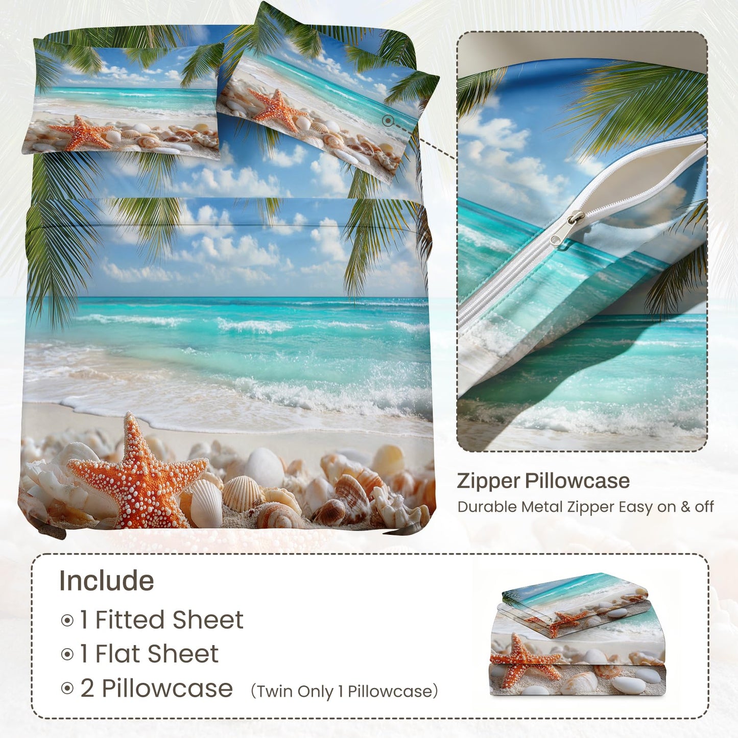 Tropical Beach Sheet Set, 4 Pcs Queen Size Starfish Seashells Bed Sheets