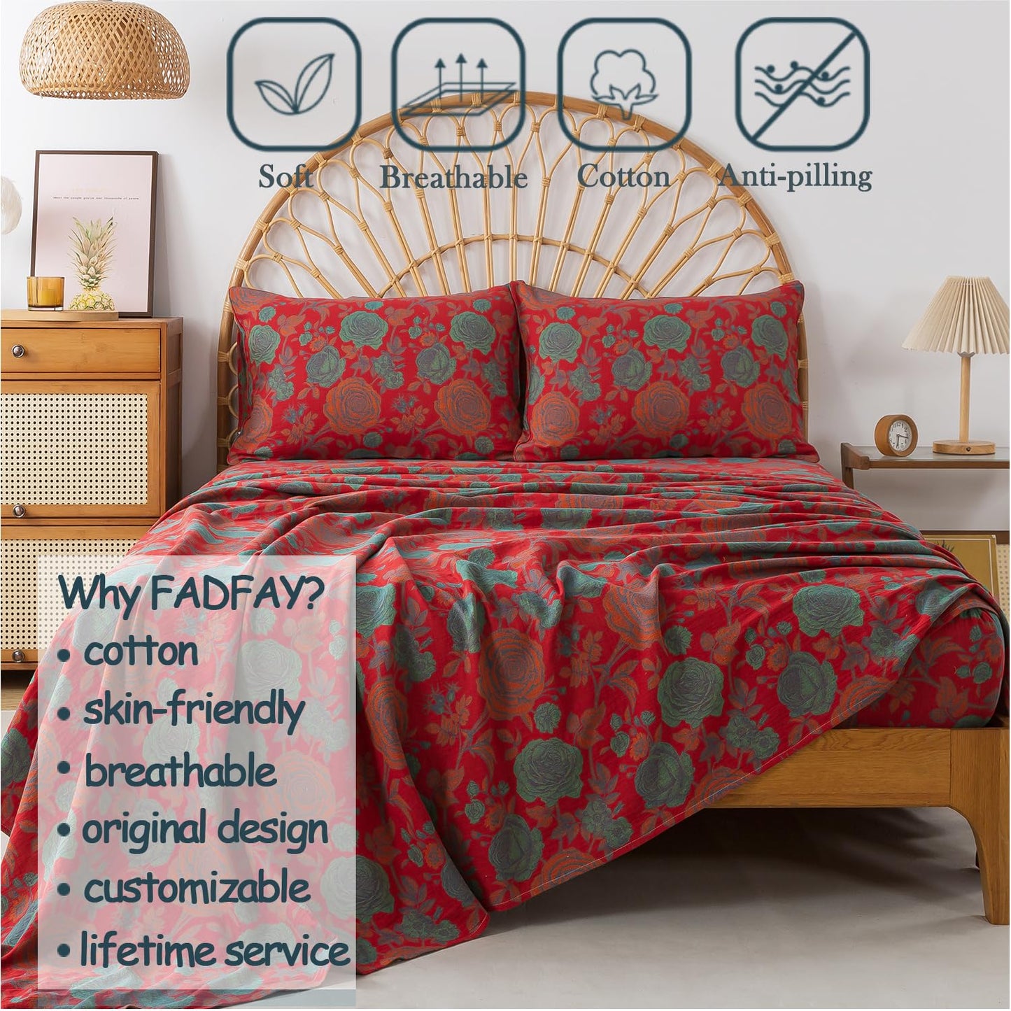 FADFAY Double Gauze 100% Cotton King Sheets Set Floral Bed Sheets Deep Pocket Fitted Sheet, Luxury Rose Pattern Shabby Vintage Countryside Style Bedding 4Pcs