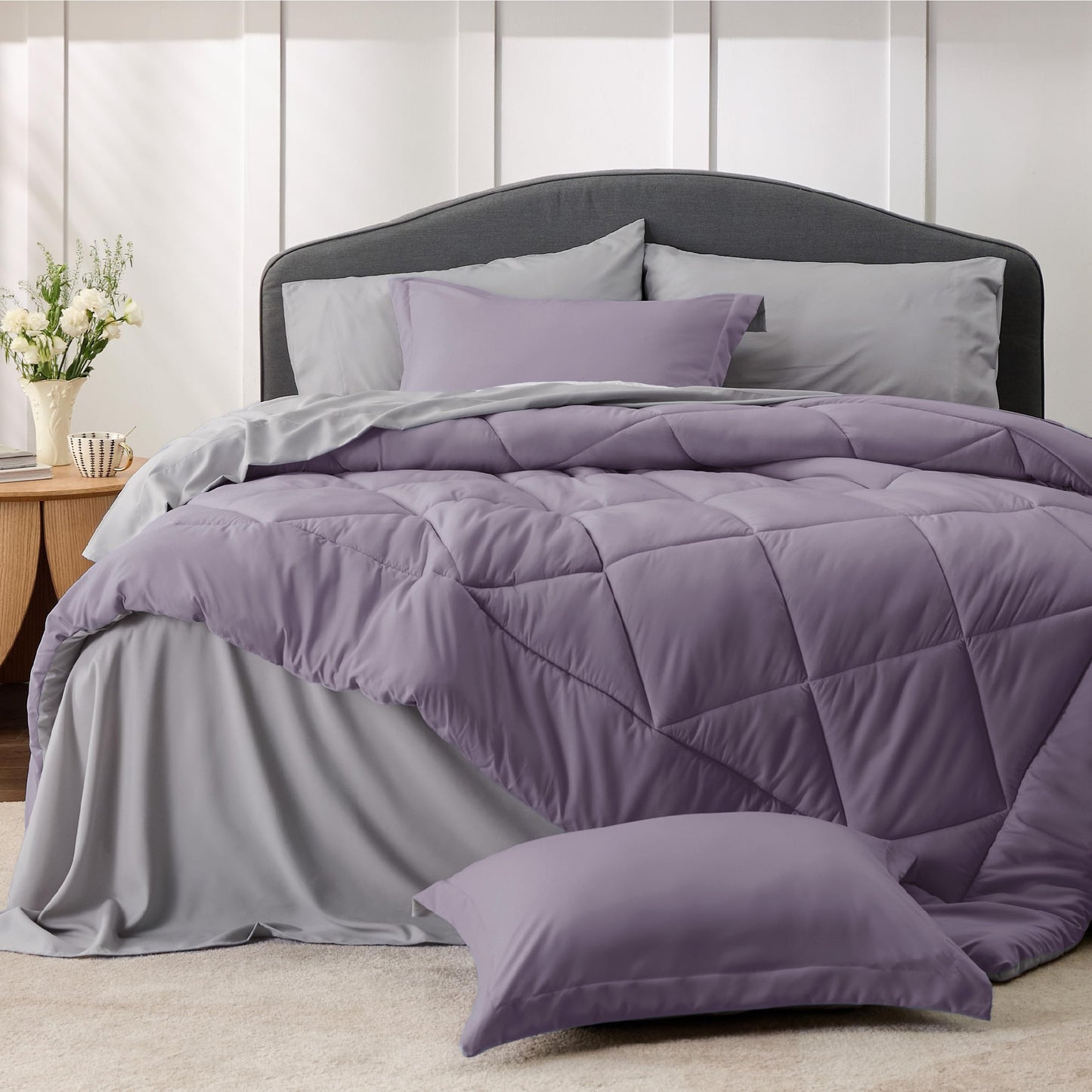 Bedsure Twin XL Comforter - 5 Pieces Reversible Grayish Purple Bed in a Bag, Twin XL Bedding Comforter Set College Dorm Essentials with 1 Flat Sheet, 1 Fitted Sheet, 1 Pillowcase and 1 Pillow Sham