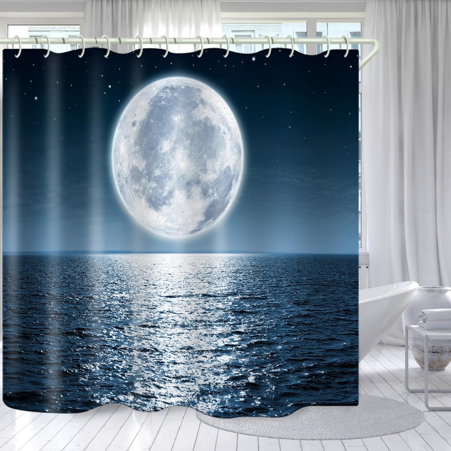 LYFANS Bathroom Equipped Wwith 3D Sea Moon Decorative Shower Curtain, Fabric Shower Curtains with 12 Shower Curtain Hooks, Bathtub Curtains, 72x72 Inch Waterproof Shower Curtains