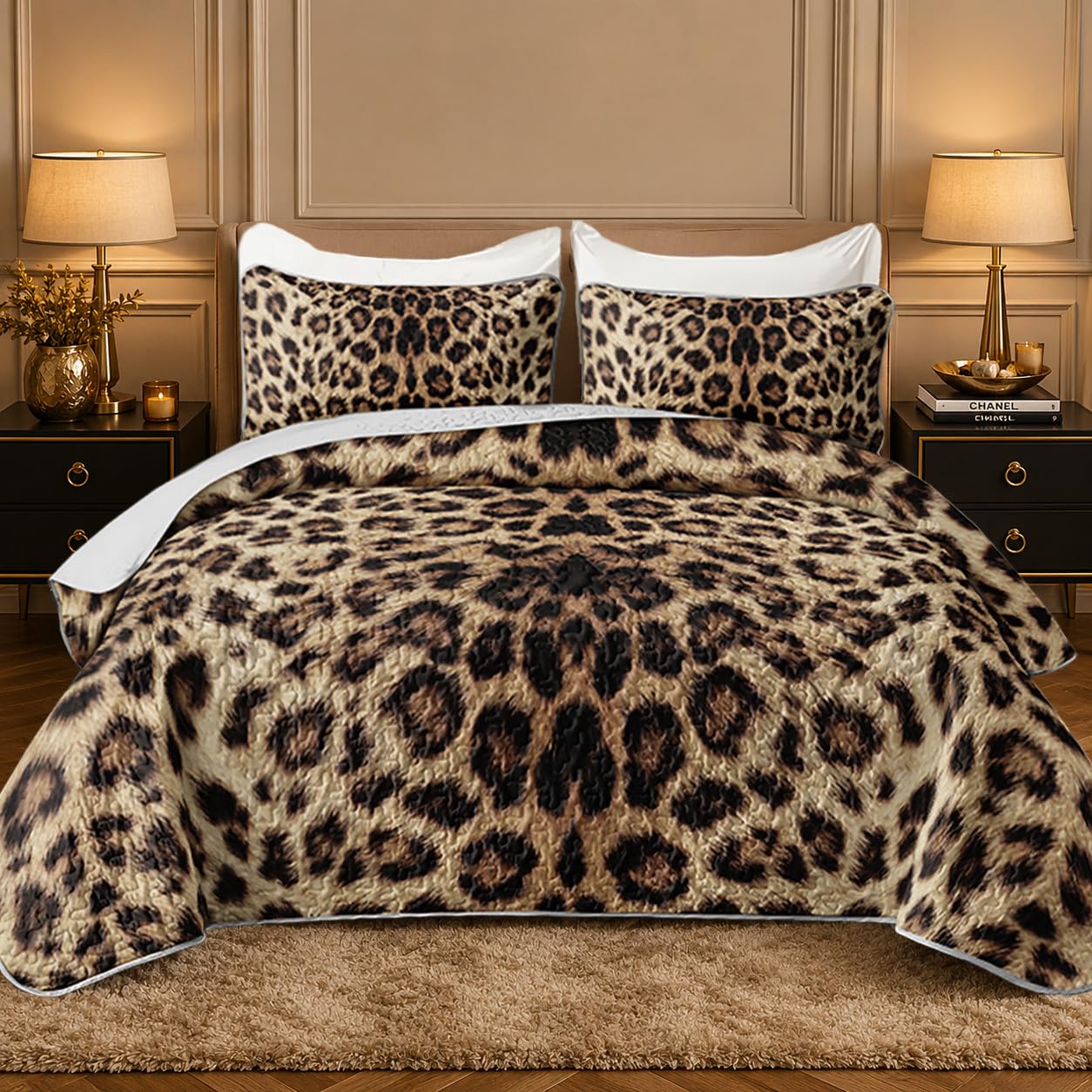 HOSIMA Leopard King Size Quilt,Brown Lightweight Animal Themed Cheetah Bedding Set,Leopard Print Soft Summer Quilts King for Adults Bedroom Decor with 2 Pillowcases.
