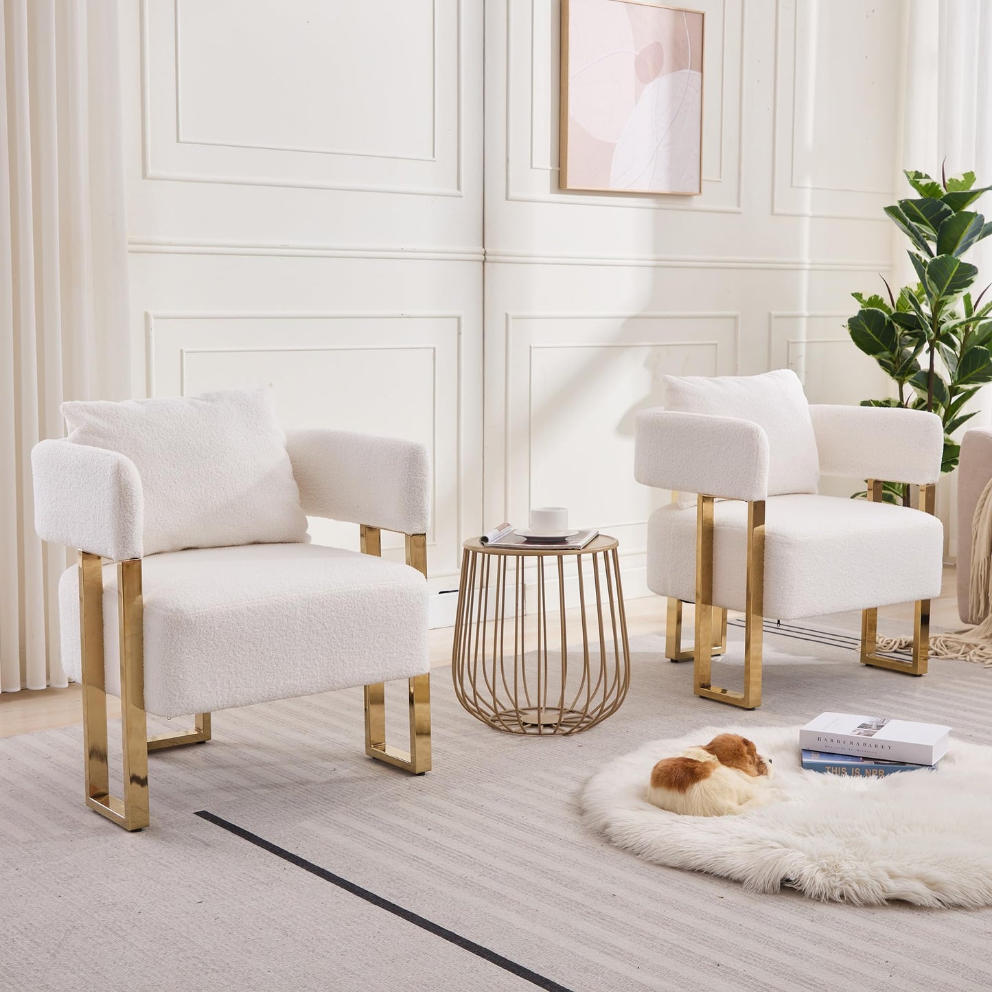 YITAI Modern Accent Chairs no Wheels, Living Room Side Chairs Set of 2 with Golden Metal Legs, Barrel Soft Teddyt Upholstered Reading Armchairs for OfficeReception RoomBedroomLounge,White