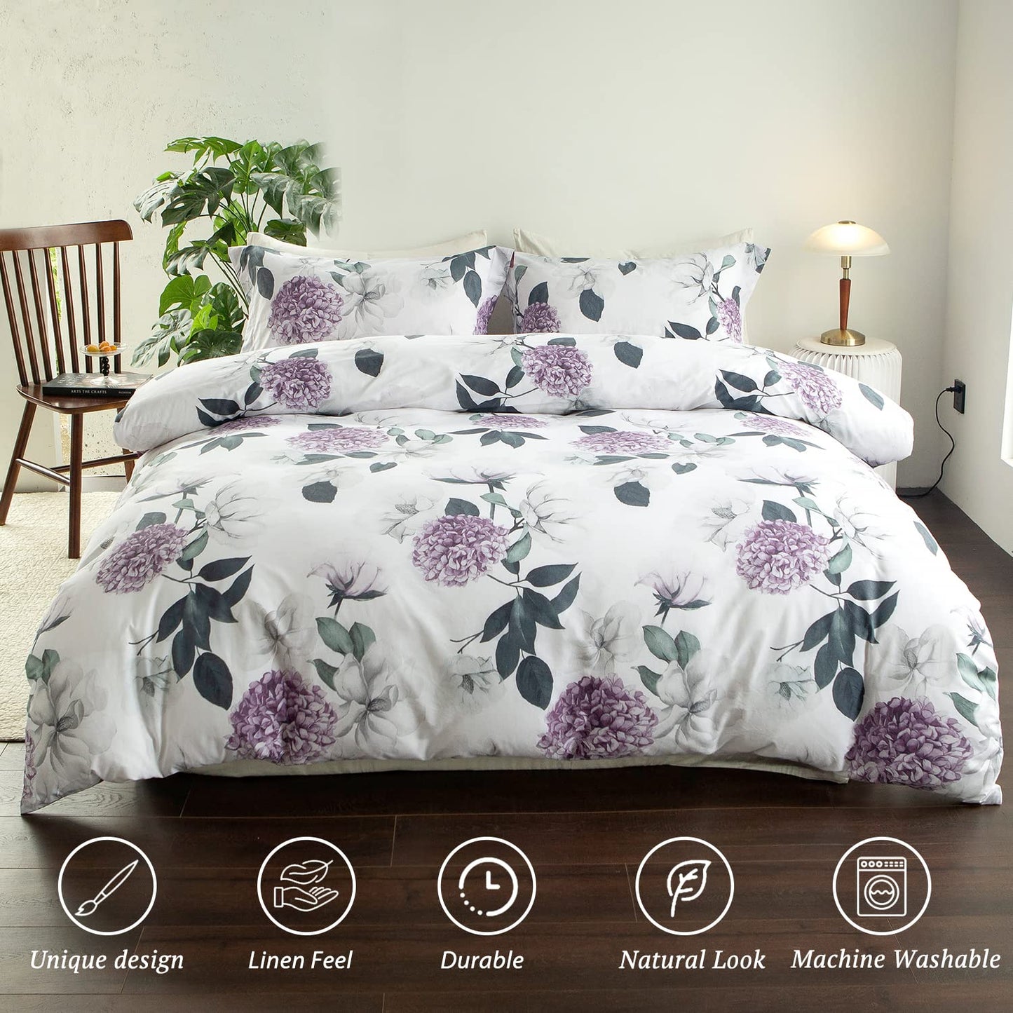 MILDLY 100% Washed Cotton Duvet Cover - Hydrangea Floral Comforter Cover Set Botanical Flower Pattern Bedding Set with Zipper Closure
